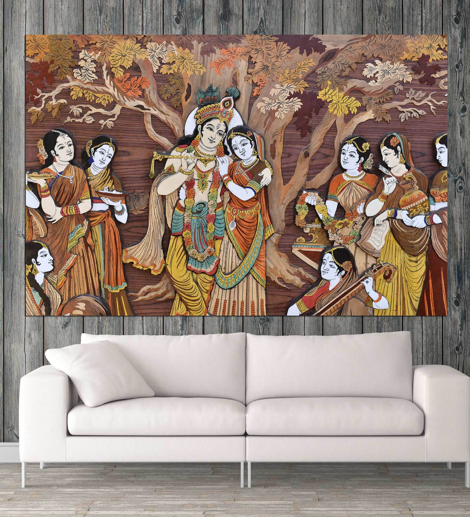 Radha Krishna In Cream Canvas Framed Art Print (33 x 21 Inches)
