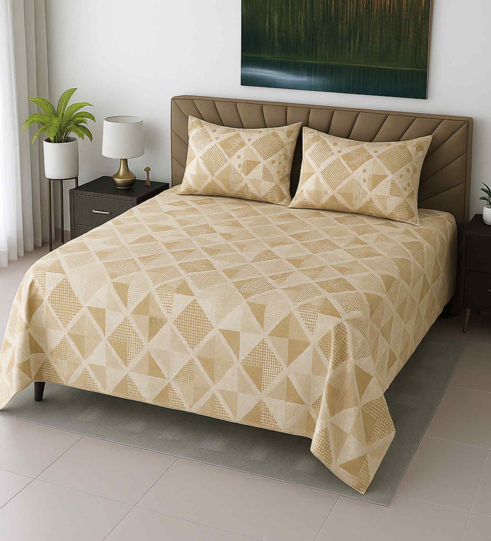 Cream Geometric 210 TC Mix Cotton Super King Size Bedsheet with 2 Pilllow covers Essential Series Collection