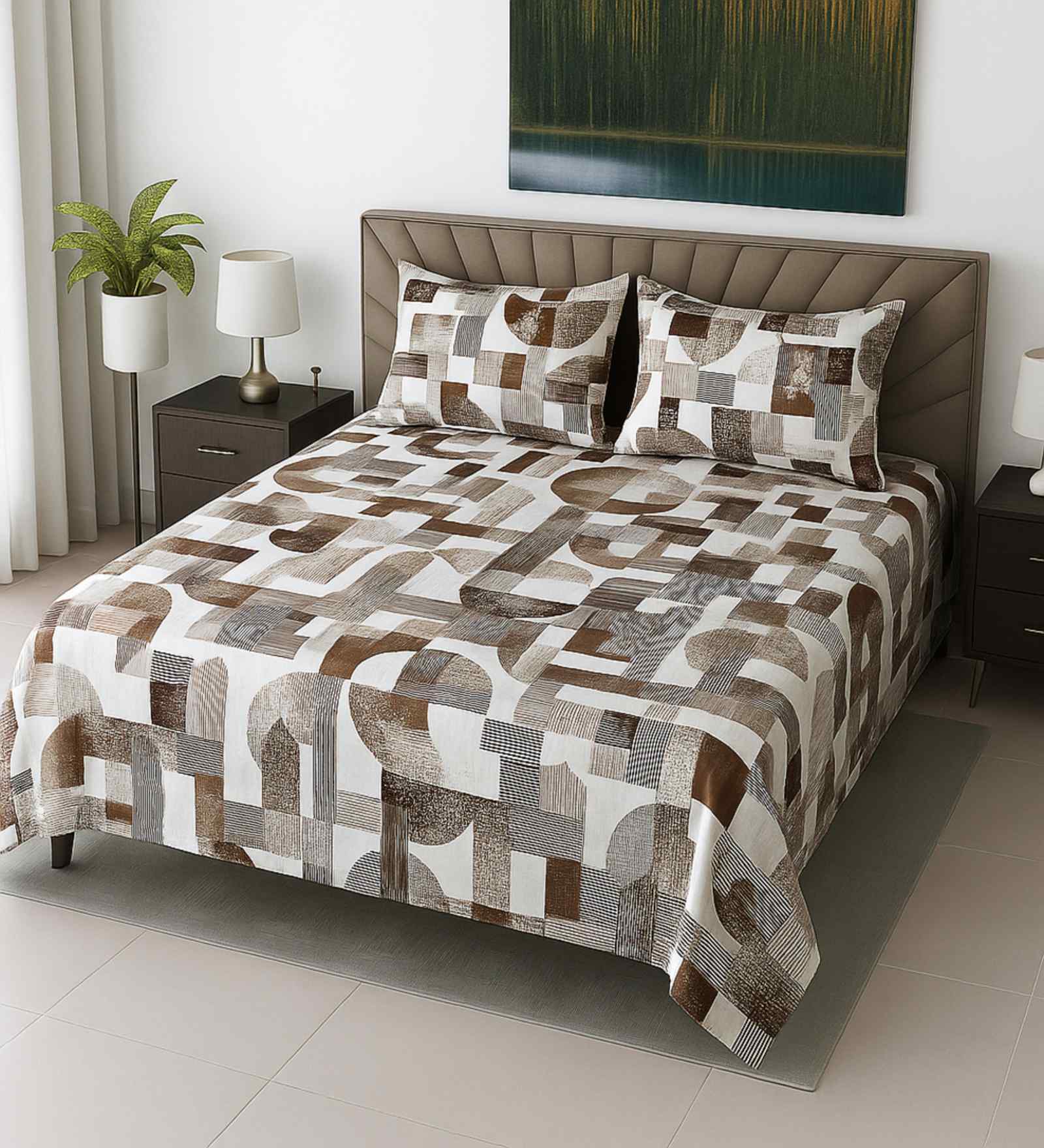 Cream Geometric 210 TC Mix Cotton Super King Size Bedsheet with 2 Pilllow covers Essential Series Collection