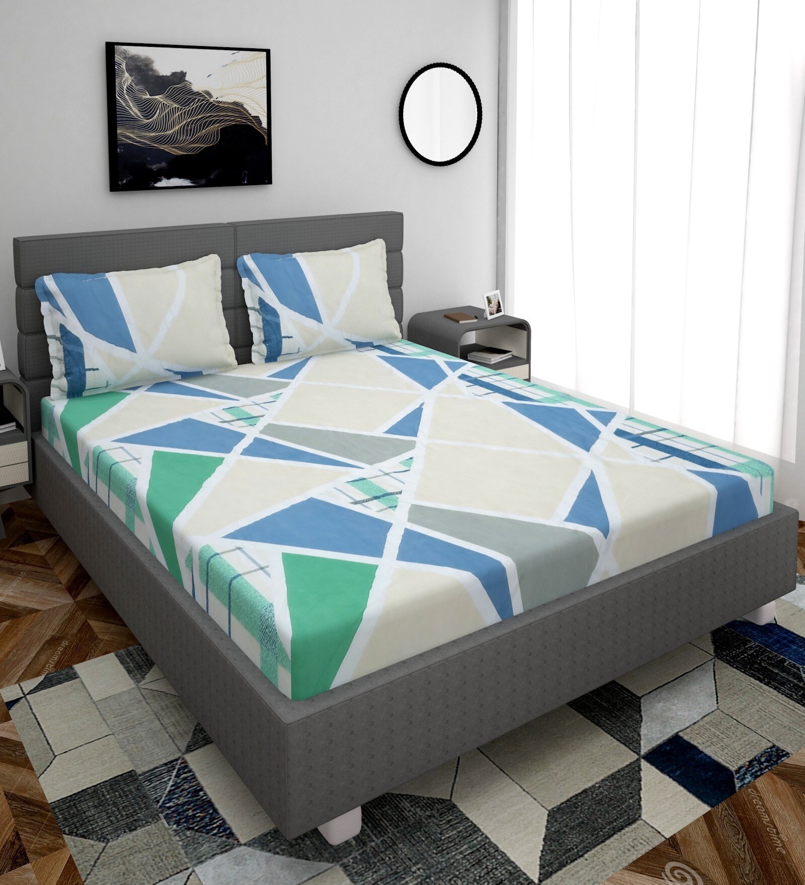 Multicolor Geometric 260 TC Cotton Blend Fitted Bedsheet With 2 Pillow Covers