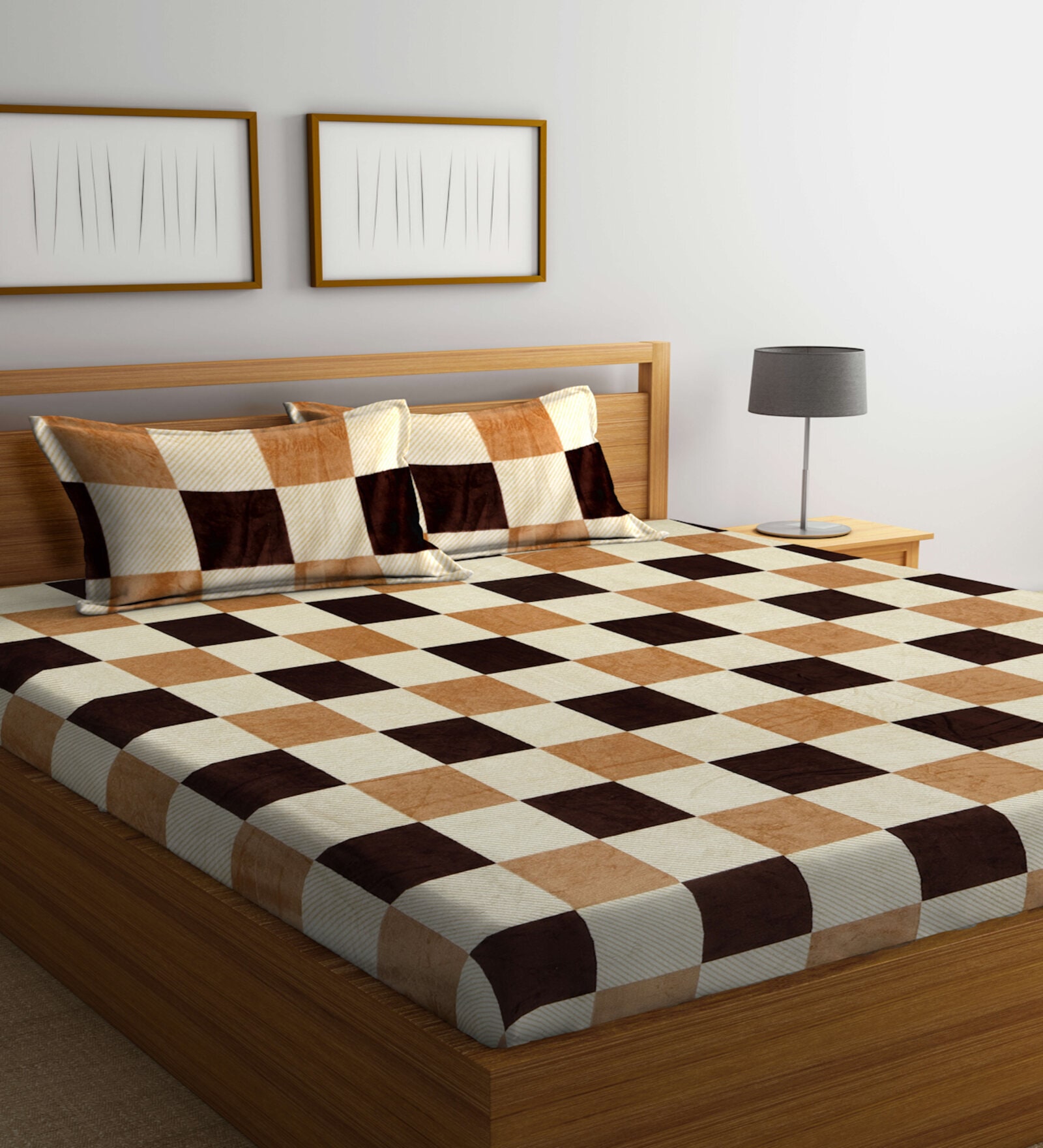 Buy Cream Checkered 300 TC Wool Double Queen Woolen Bedsheet with 2