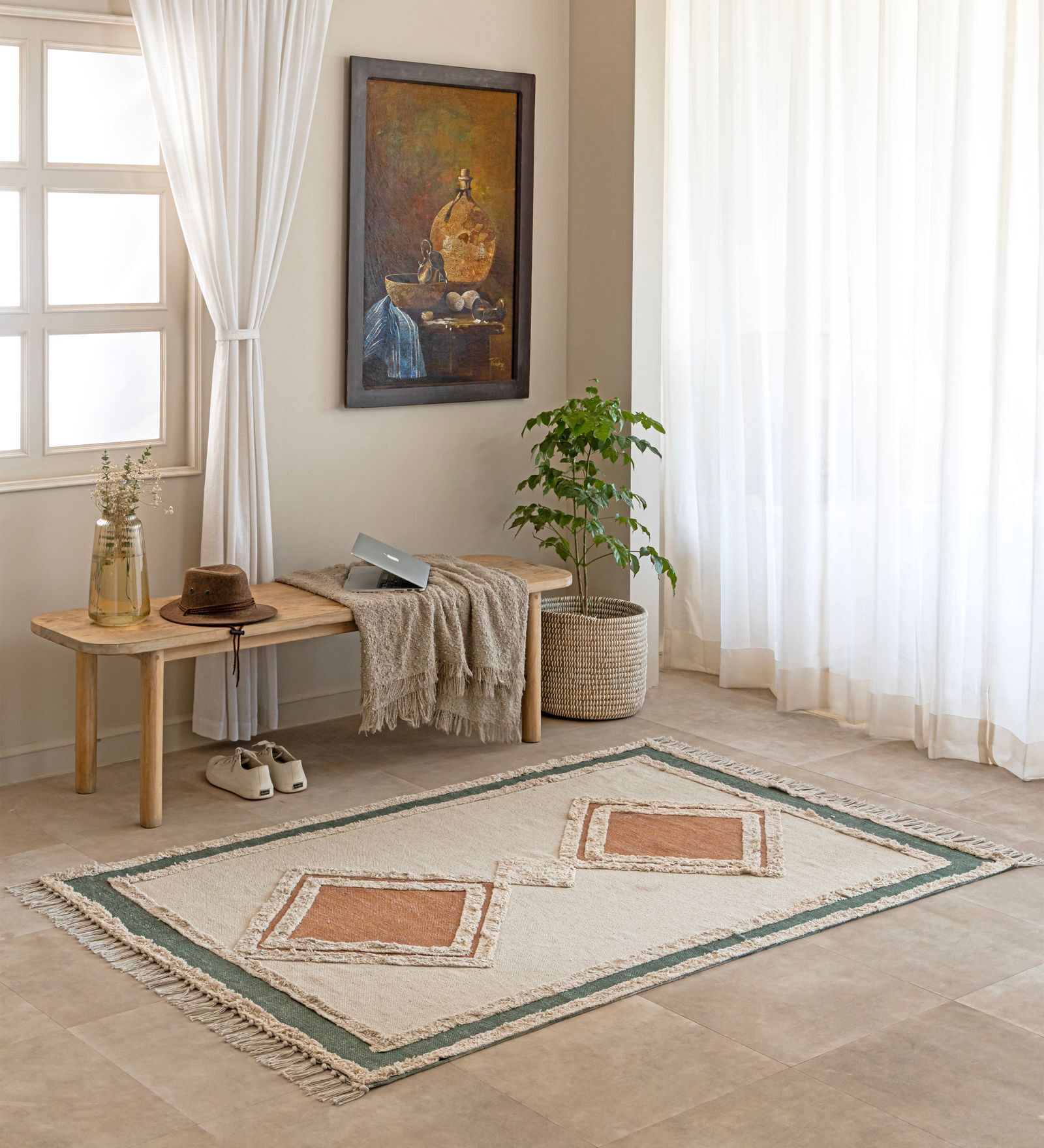 Cream Geometric Hand Woven 6 Ft X 4 Ft  Dhurrie