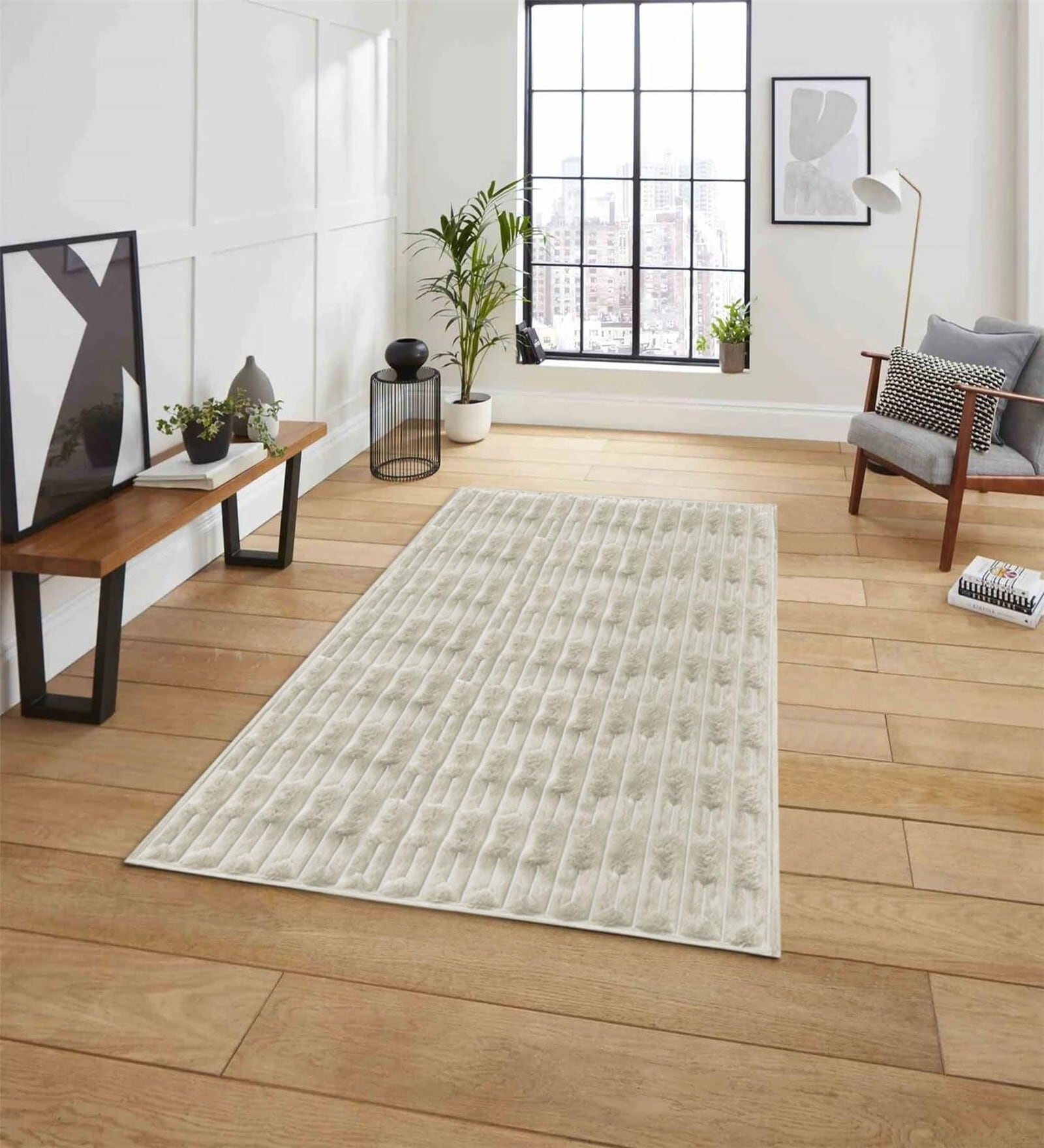 Cream Geometric Polyester Blend 3 X 5 Feet Rabbit Fur Machine Made Carpet