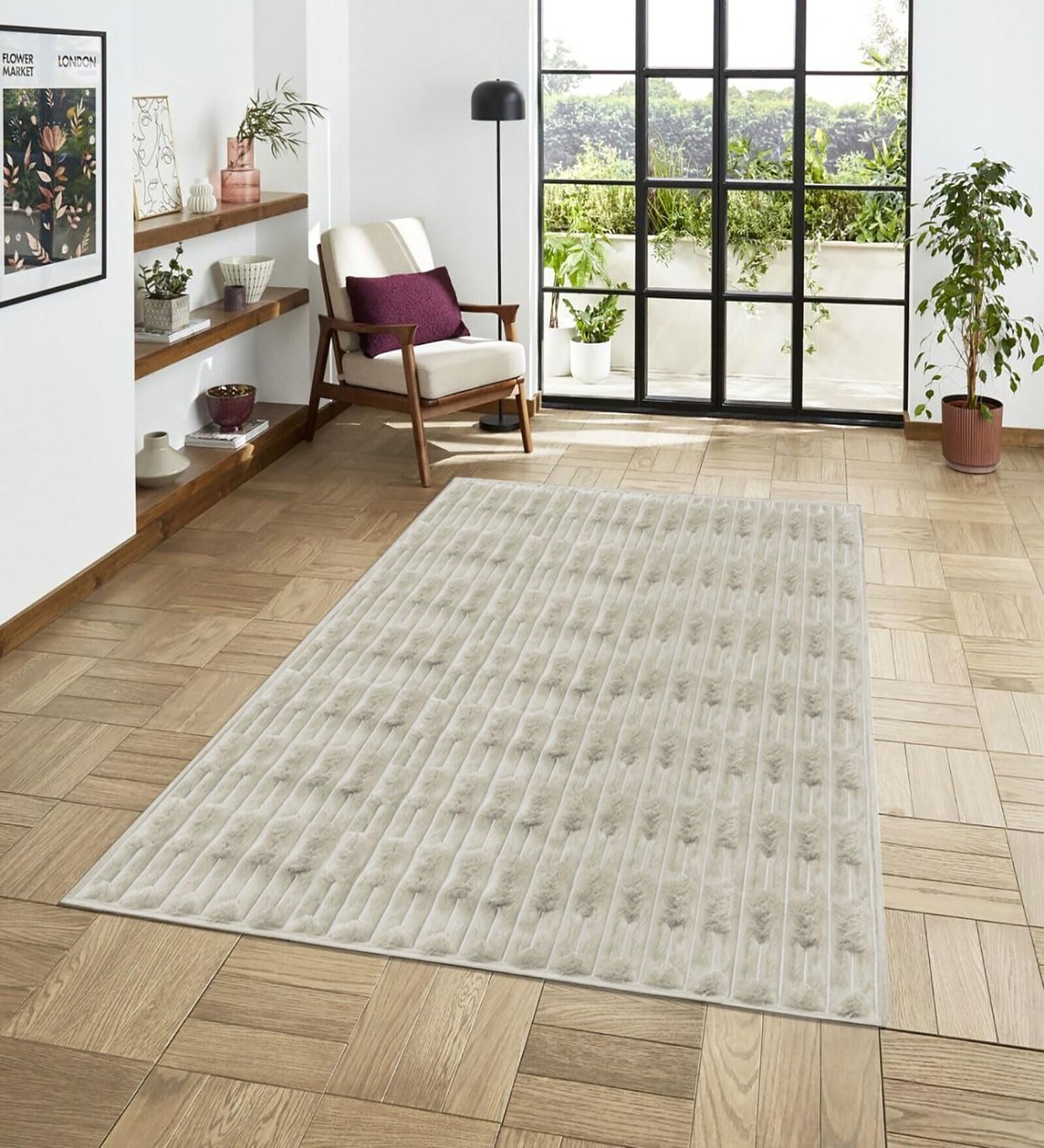 Cream Geometric Polyester Blend 4 X 6 Feet Machine Made Carpet