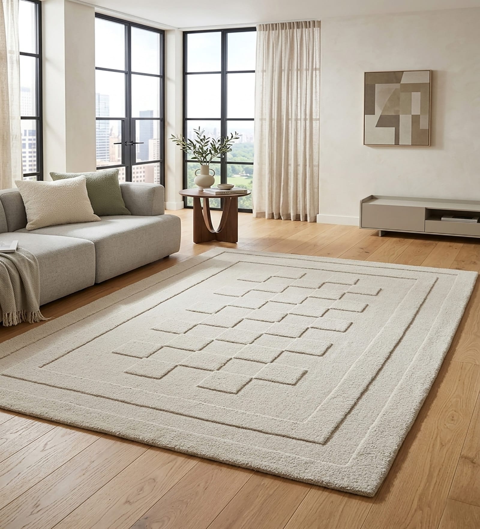 Cream Geometric Wool And Cotton 5 X 8 Ft Hand Tufted Carpet