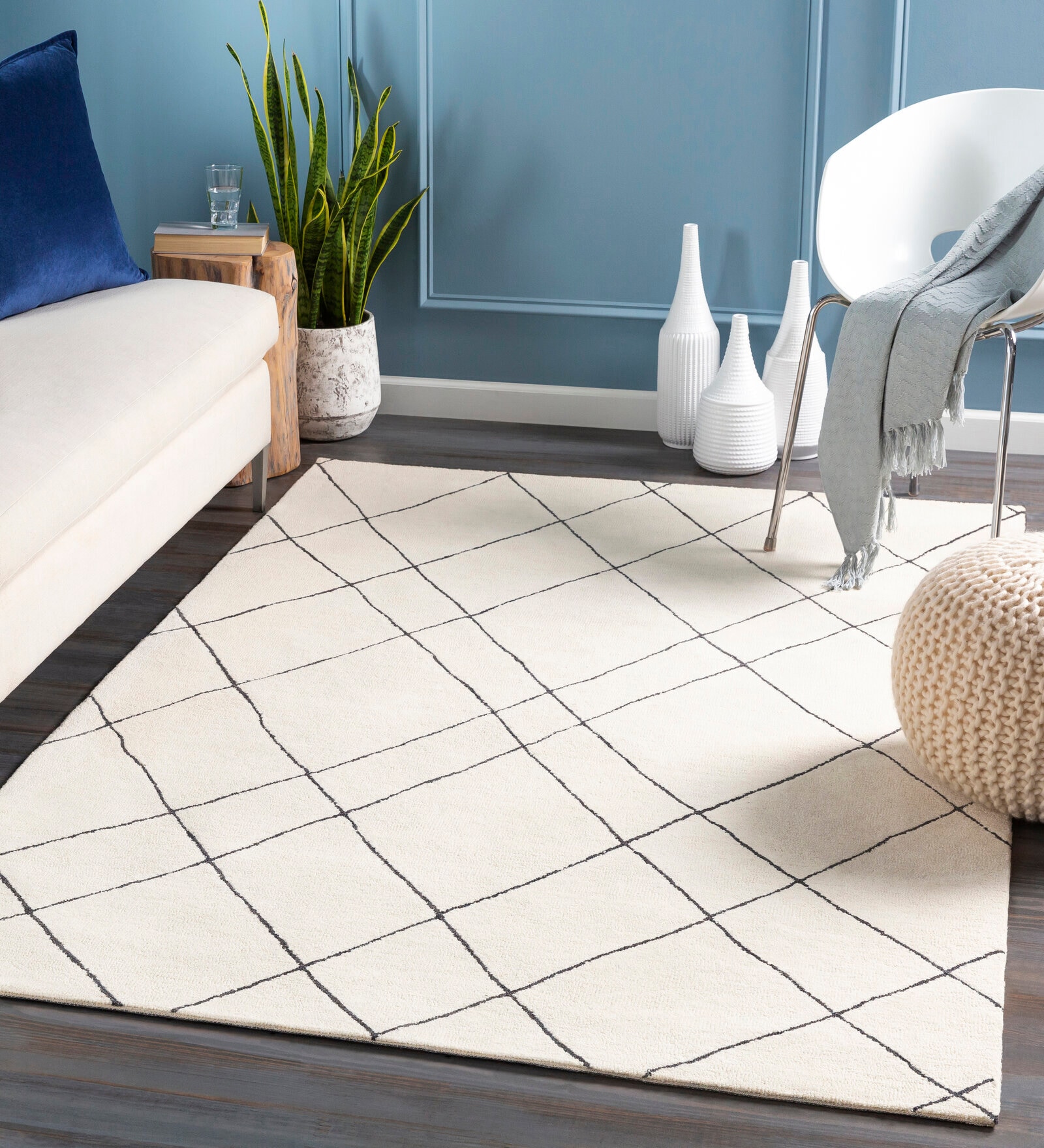 Cream Geometrical Wool 5 ft x 7 ft Hand tufted Carpet