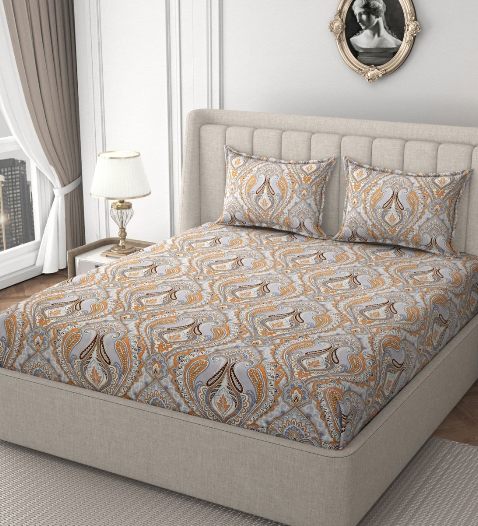 Cream Glace Cotton Paisley Print Elastic Fitted King Bedsheet With 2 Pillow Covers