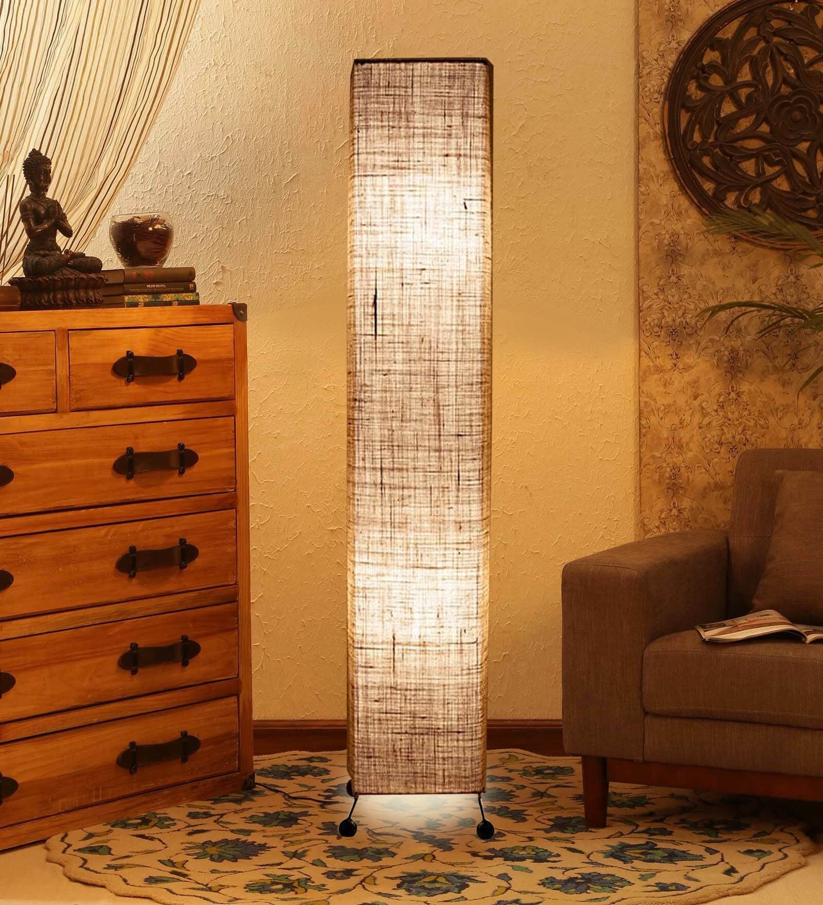 White Fabric Shade Floor Lamp with Black Base