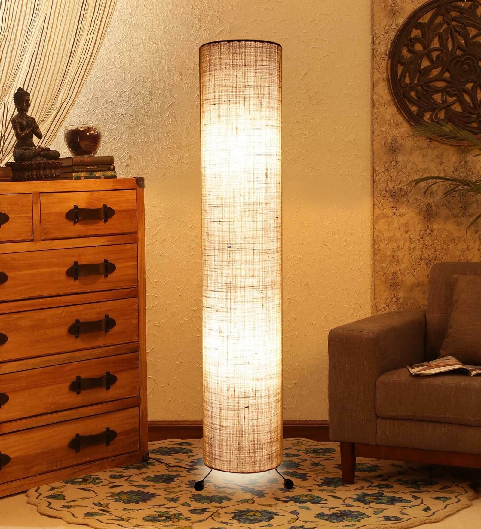 White Fabric Shade Floor Lamp with Beige Base