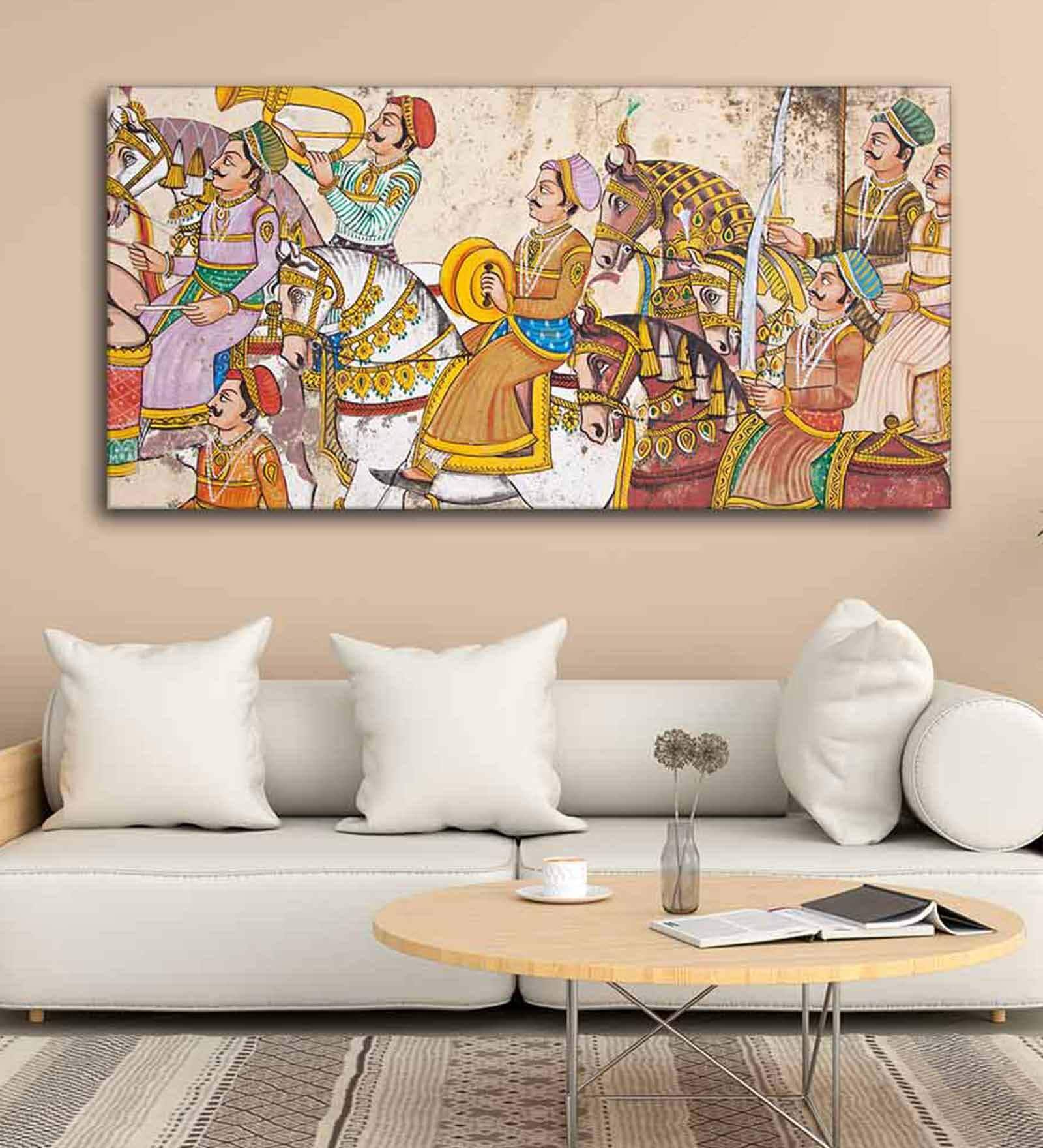 Cream Madhubani Canvas Wall Painting