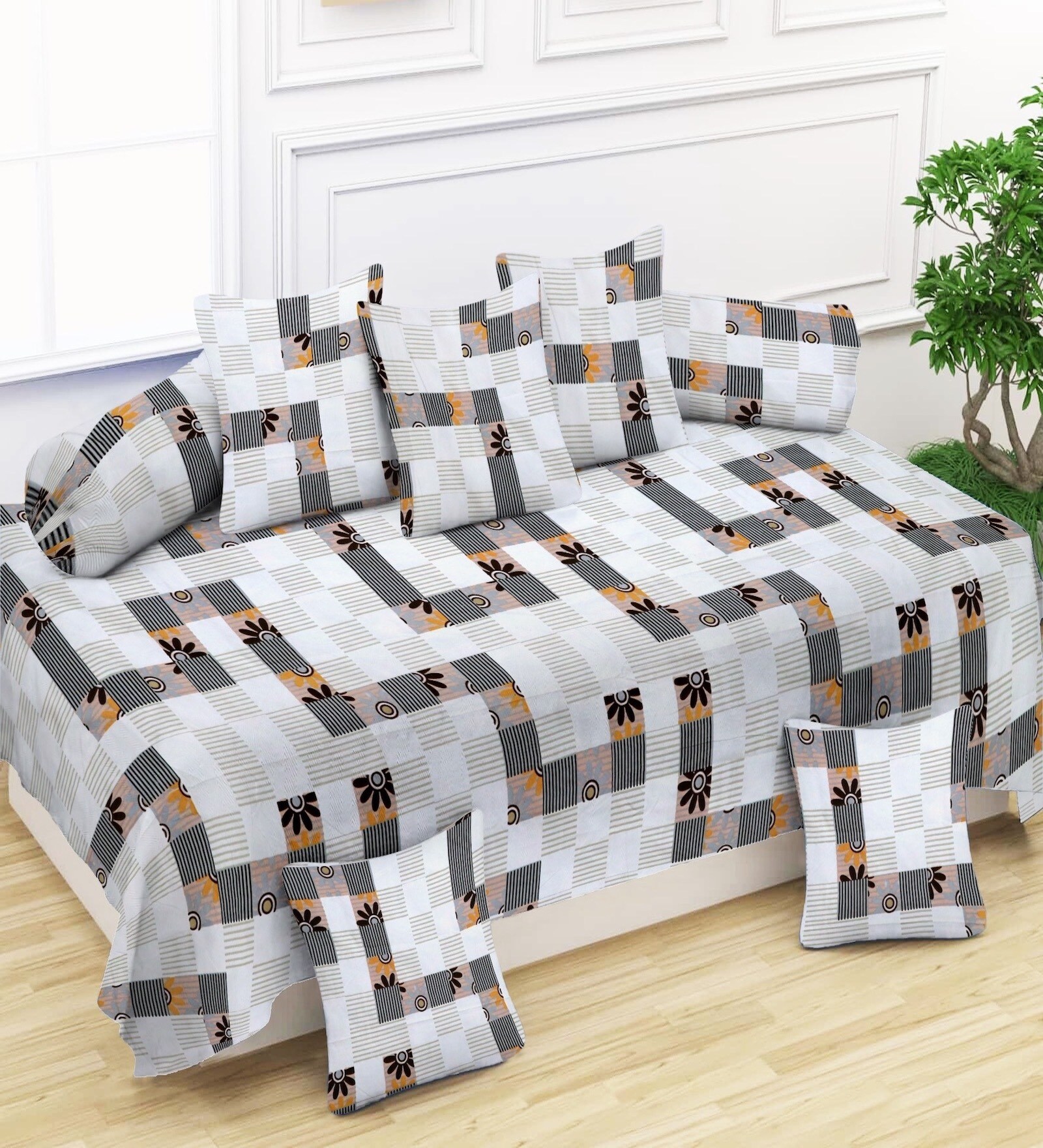 Cream Microfibre 220 TC 8 Pcs Diwan Set