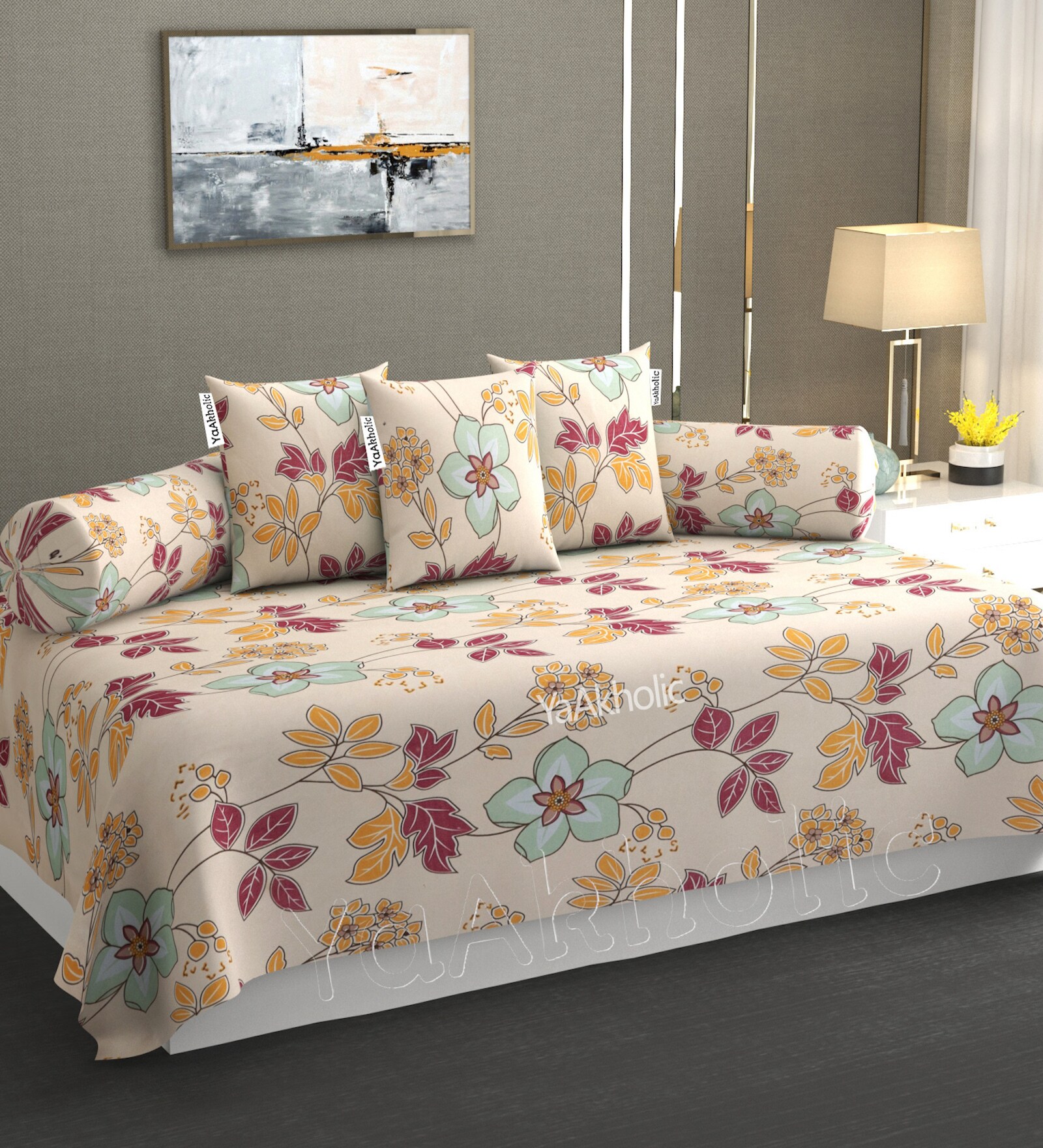 Cream Microfibre 240 TC 6 Pcs Diwan Set