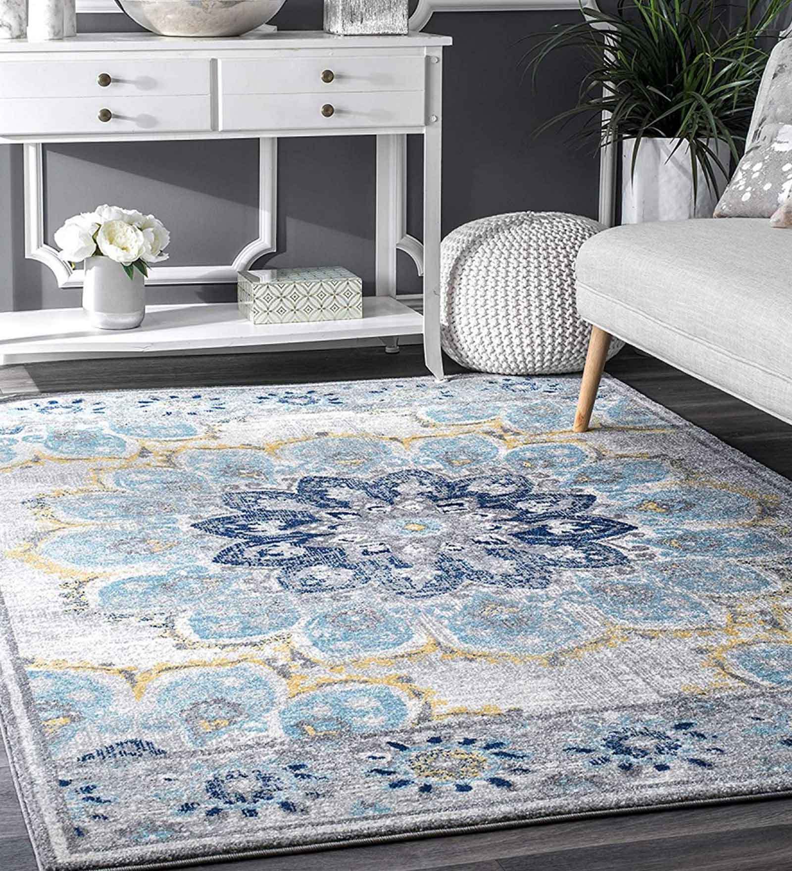 Blue Persian Polyester 3 ft x 5 ft Machine Made Carpet