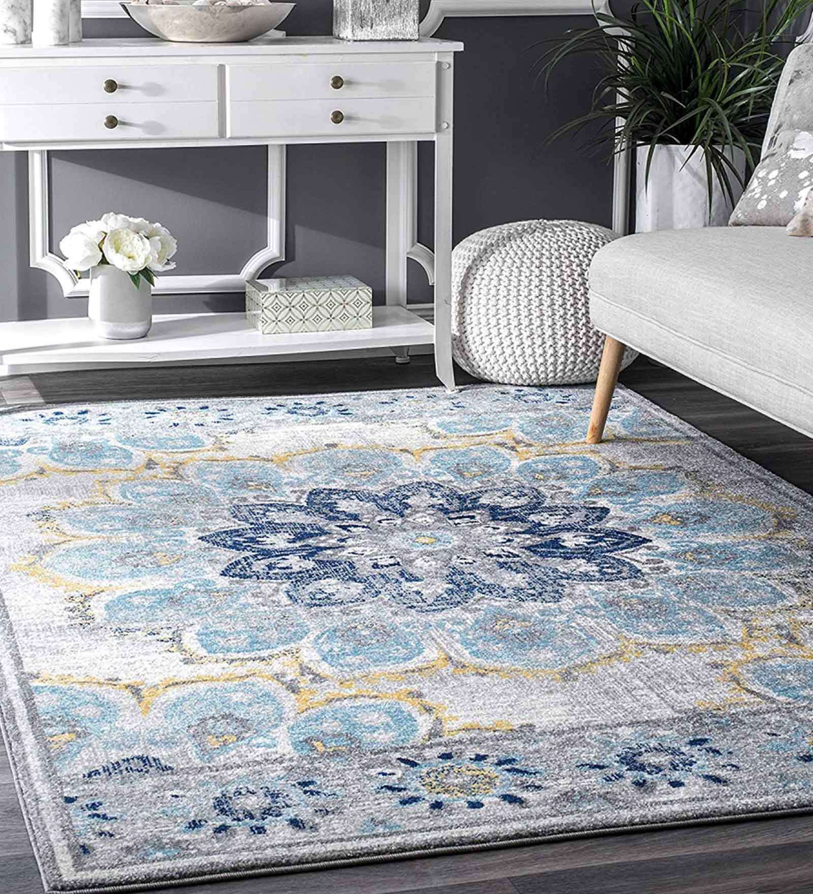 Blue Nylon Vintage 5 x 7 Feet Machine Made Carpet