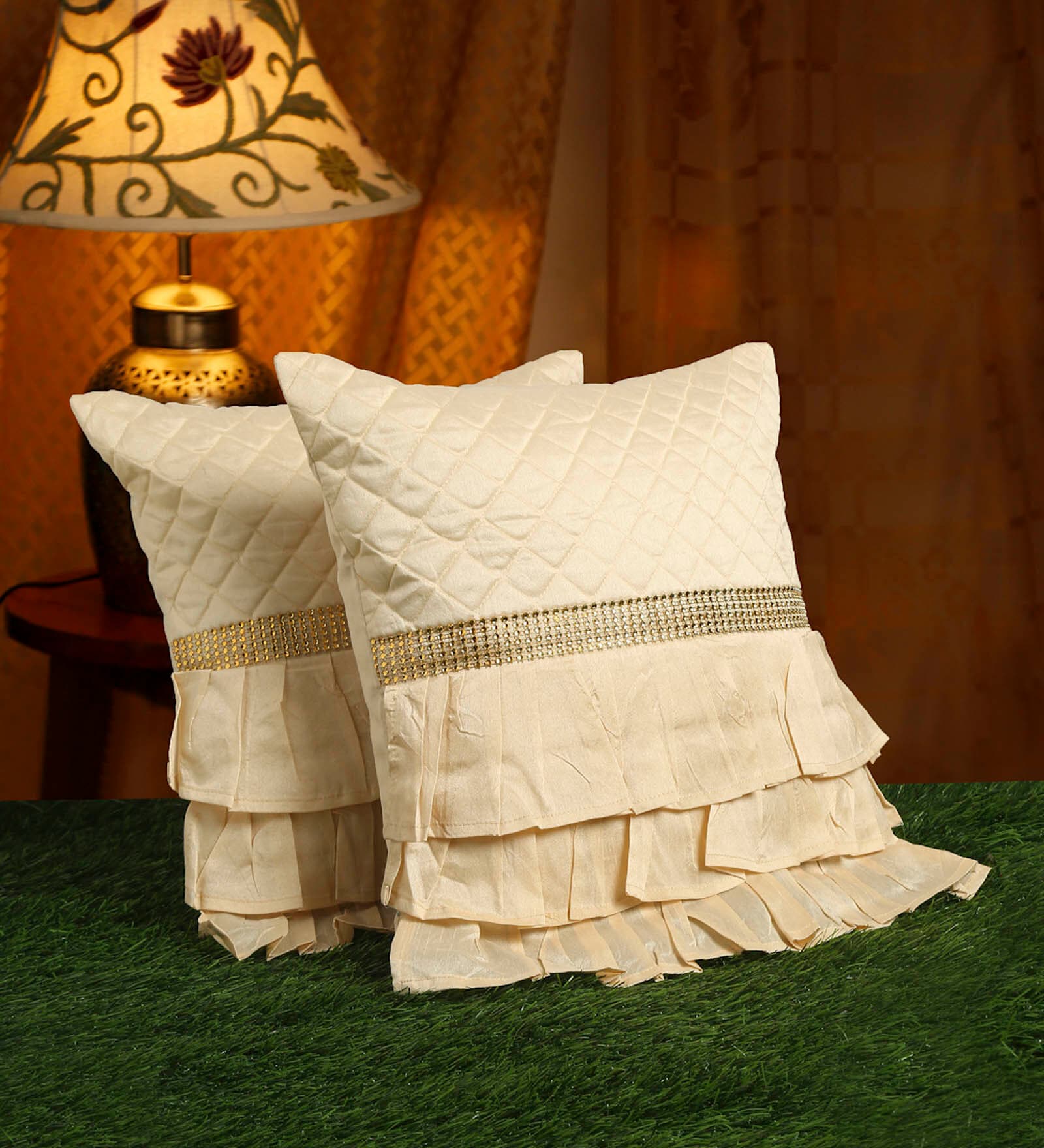 Cream Textured Poly Satin 16 x 16 Inches Cushion Covers (Set of 2)