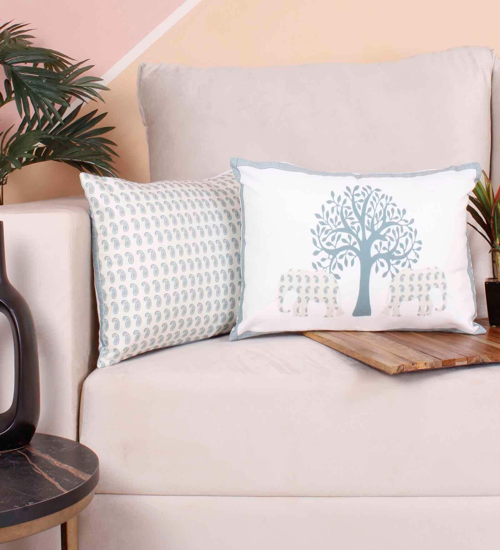 Cream Polycotton Floral 12x18 inches Cushion Covers (Pack of 2)