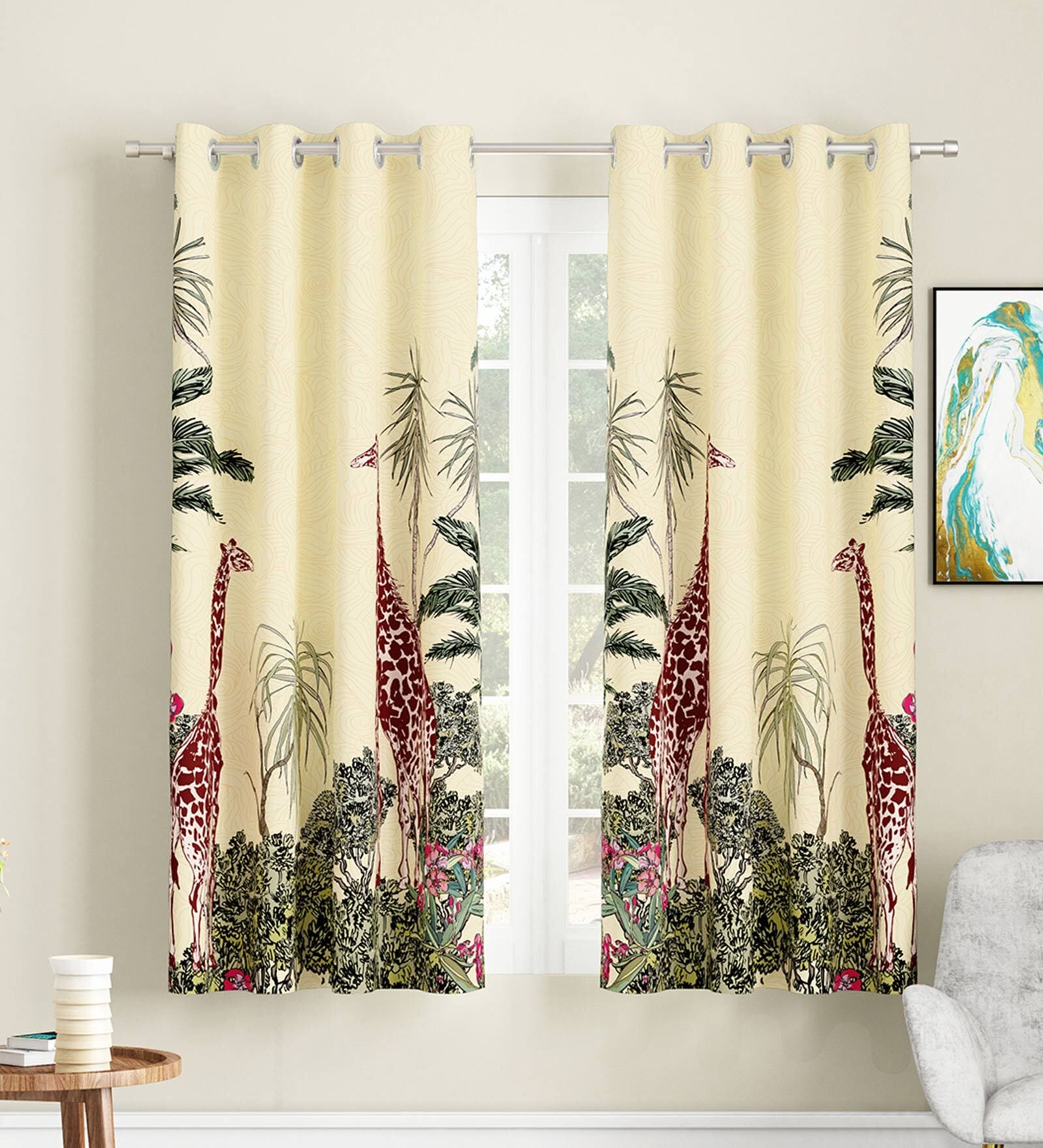 Cream Abstract Polyester 5 Ft Light Filtering Eyelet Window Curtains (Set of 2)