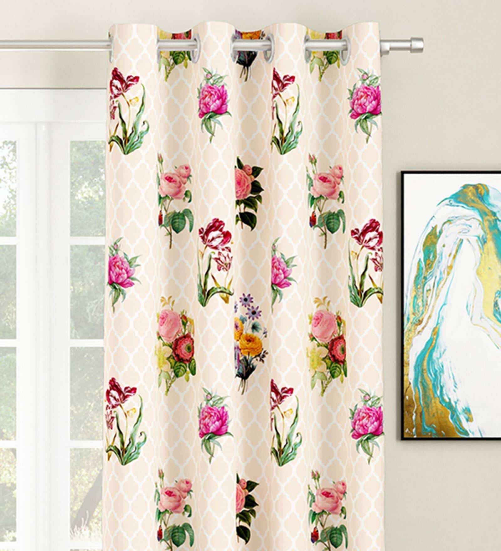 Cream Floral Polyester 5 Ft Light Filtering Eyelet Window Curtains (Set of 2)