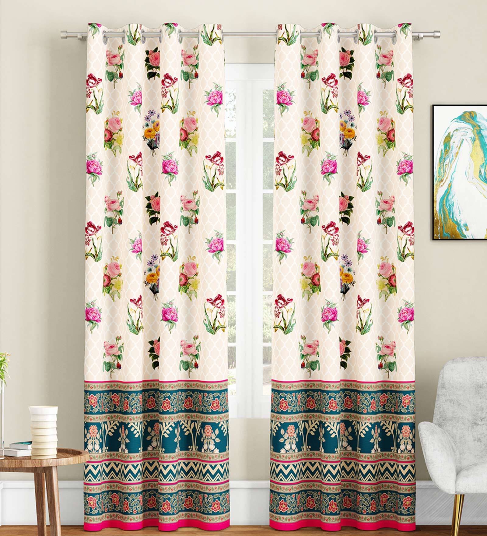 Cream Floral Polyester 7 Ft Light Filtering Eyelet Door Curtains (Set of 2)