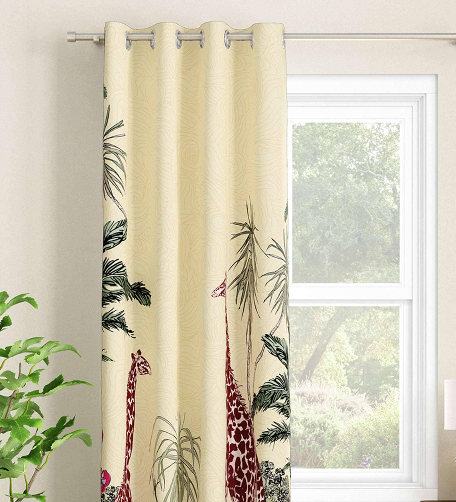 Cream Floral Polyester 7 Ft Light Filtering Eyelet Door Curtain