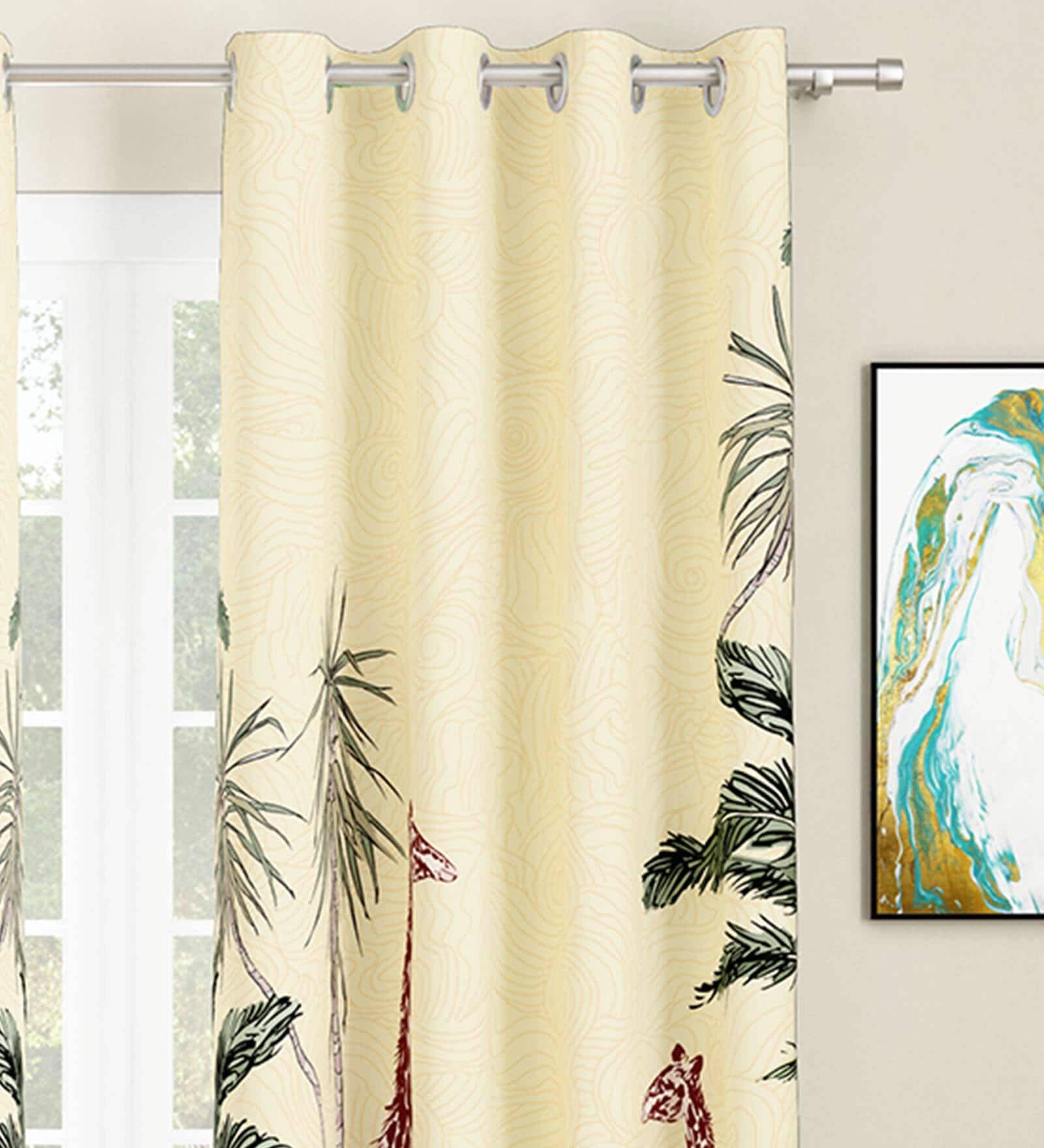 Cream Floral Polyester 7 Ft Light Filtering Eyelet Door Curtains (Set of 2)