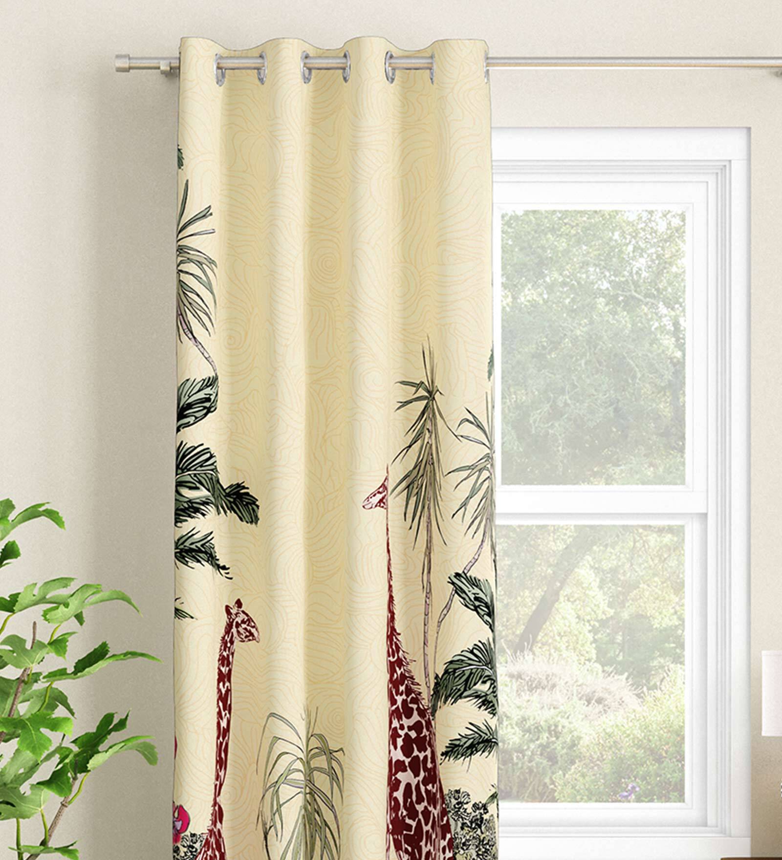 Cream Floral Polyester 9 Ft Light Filtering Eyelet Door Curtain