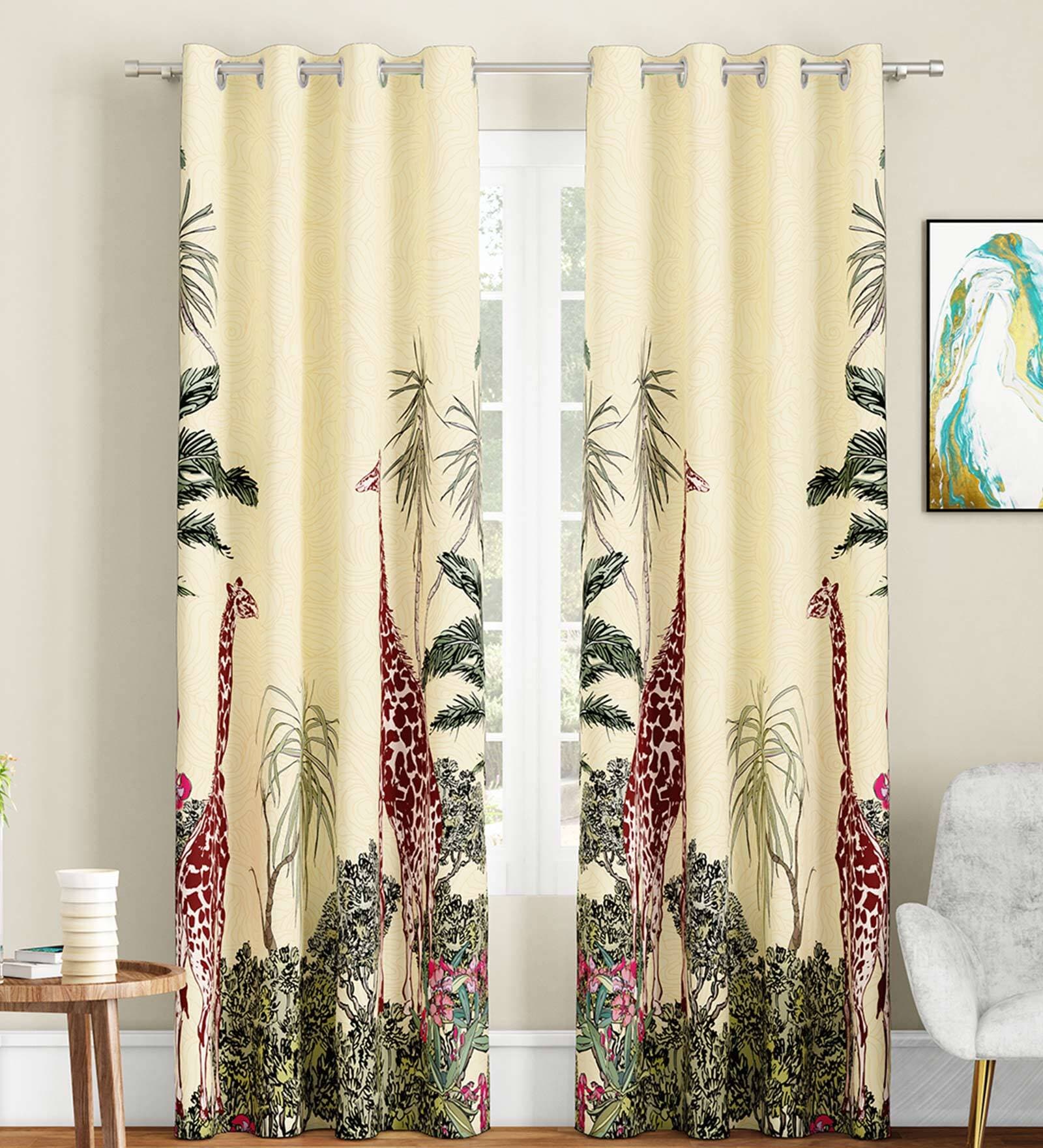 Cream Floral Polyester 9 Ft Light Filtering Eyelet Door Curtains (Set of 2)