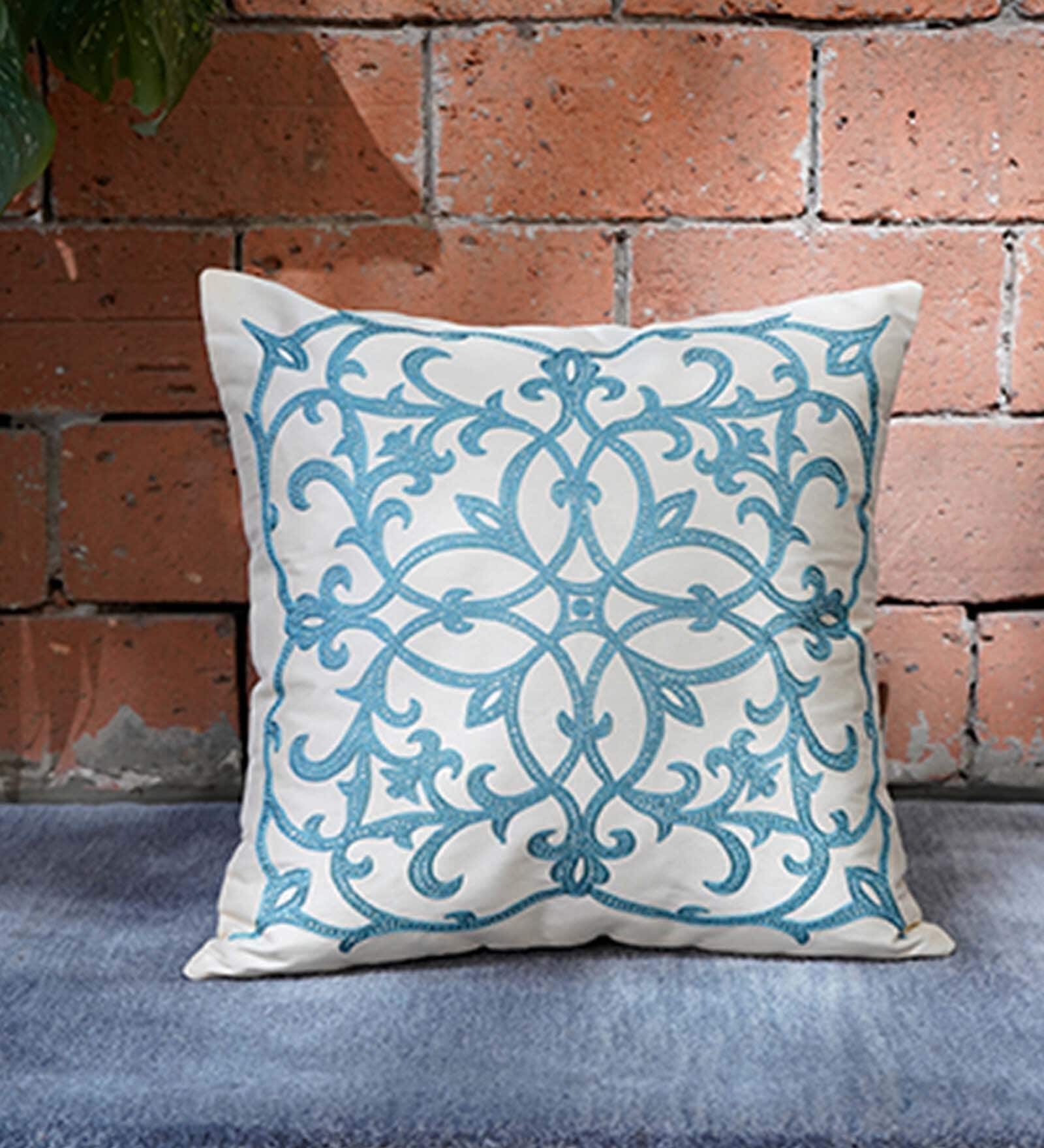Blue Floral Polyester 16 x 16 Inches Cushion Cover