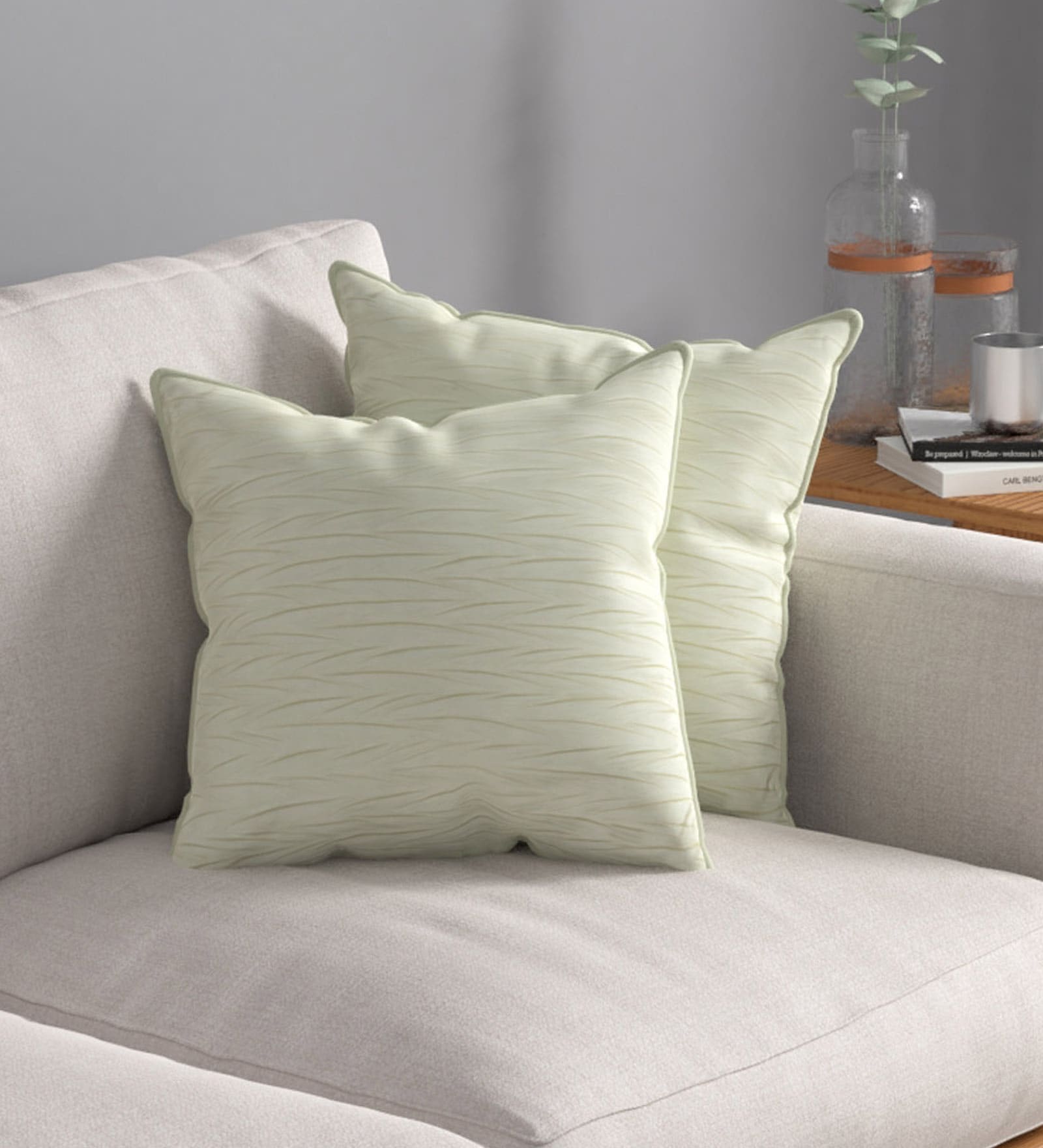 Cream Textured Polyester 16 x 16 Inches Cushion Covers (Set of 2)