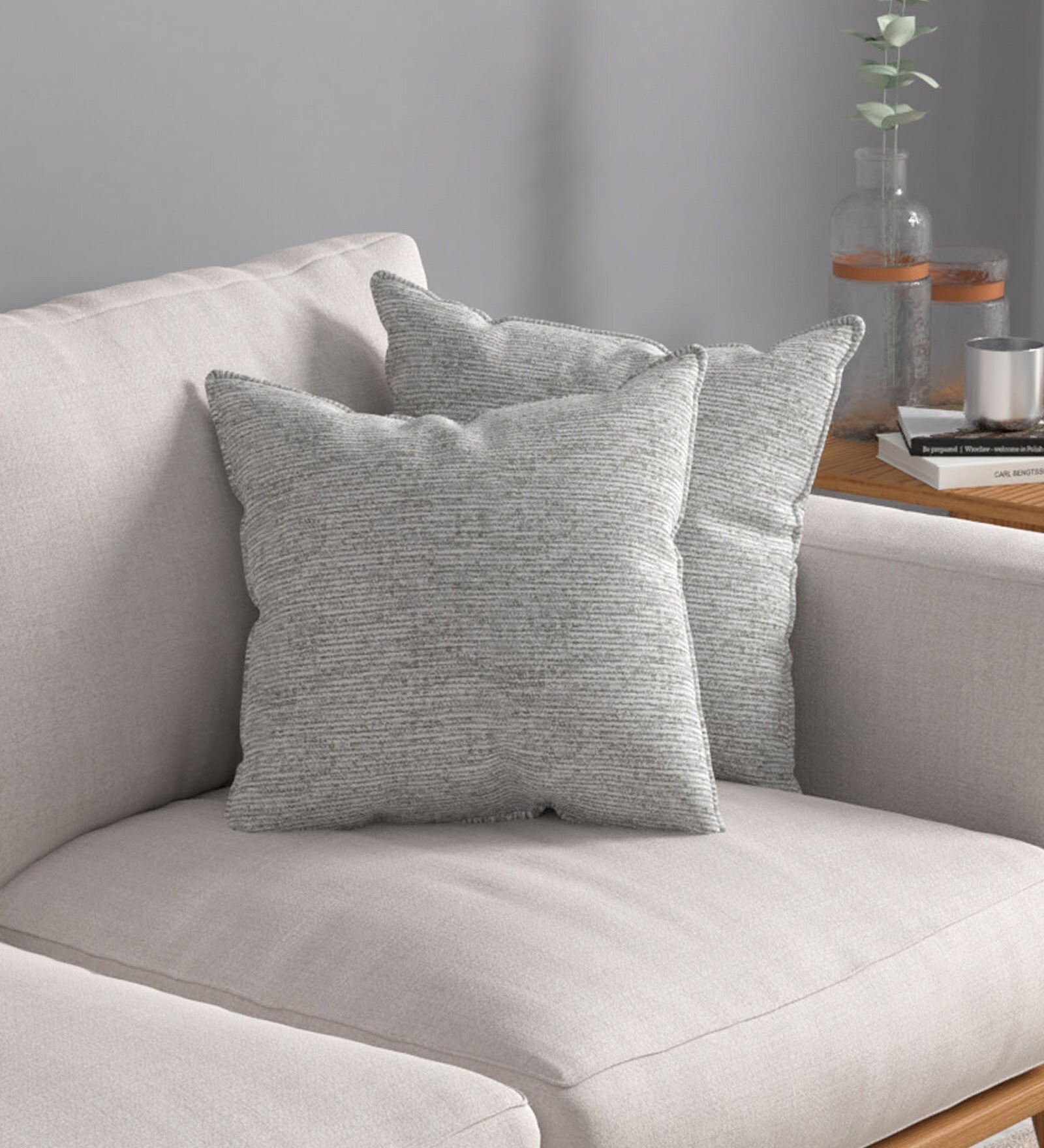 Grey Textured Polyester 16 x 16 Inches Cushion Covers (Set of 2)