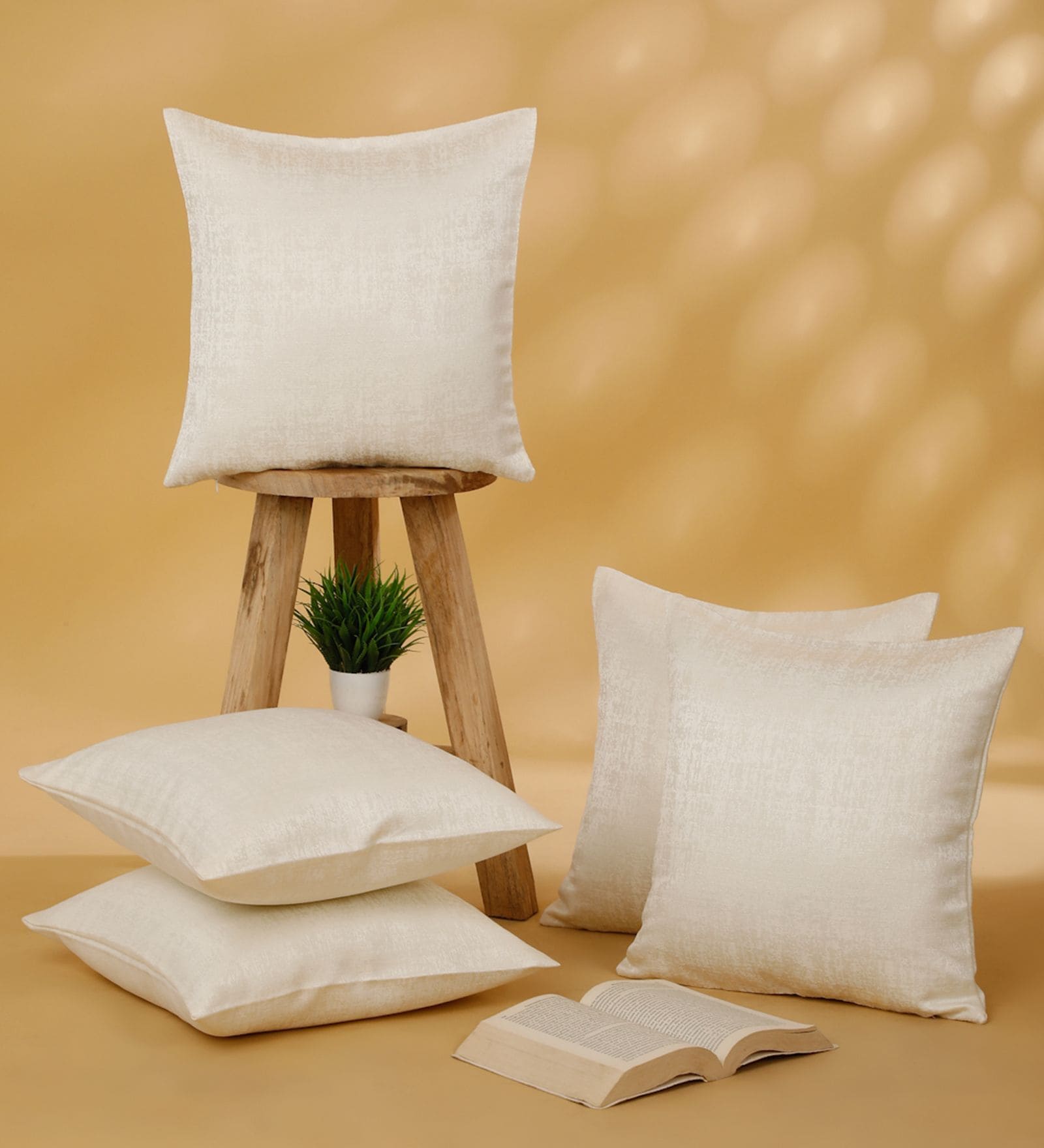 Cream Polyester Solid 16x16 inches Cushion Cover Set of 5
