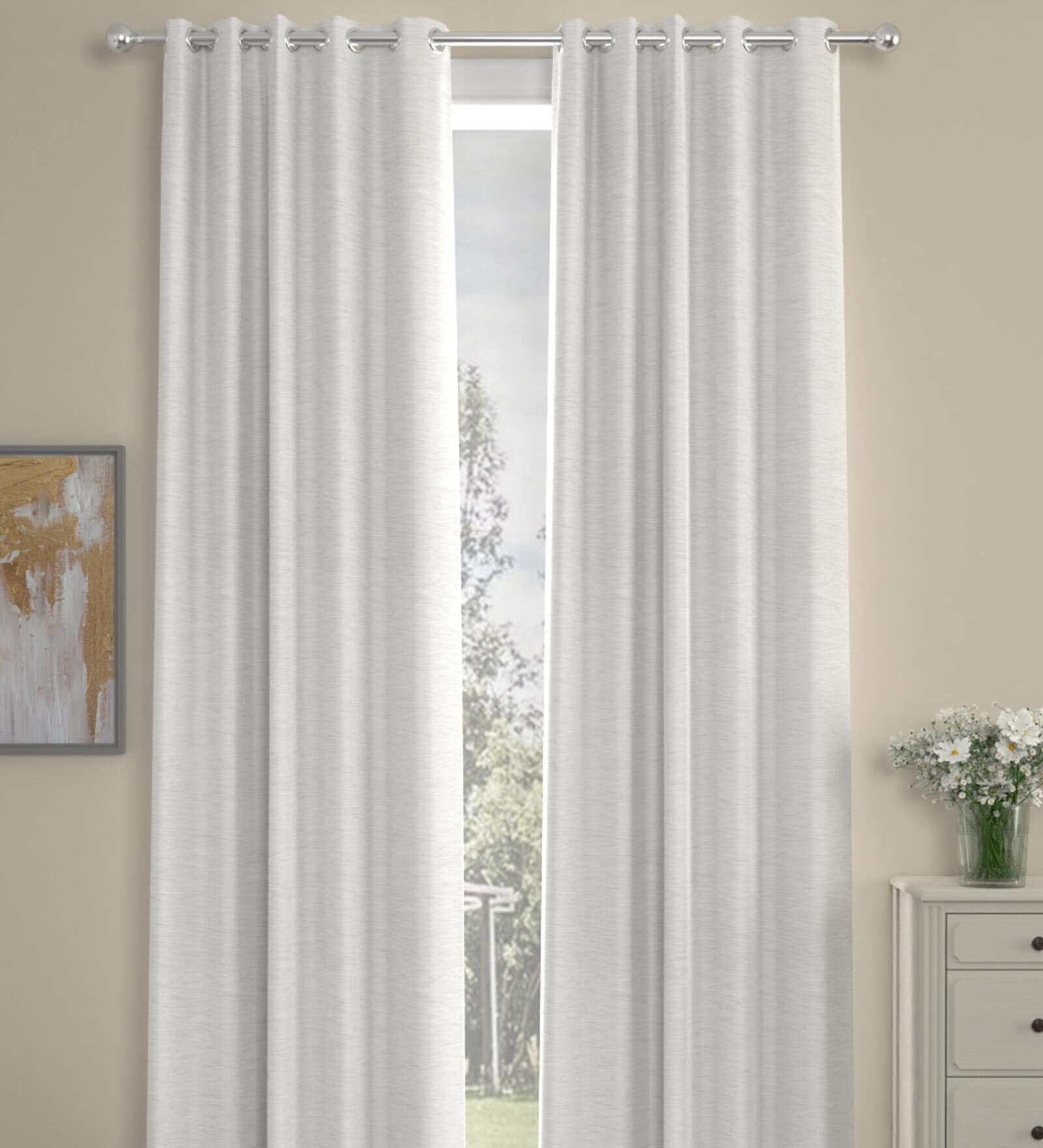 Cream Polyester Solid 7 Ft Semisheer Eyelet 2 Door Curtains