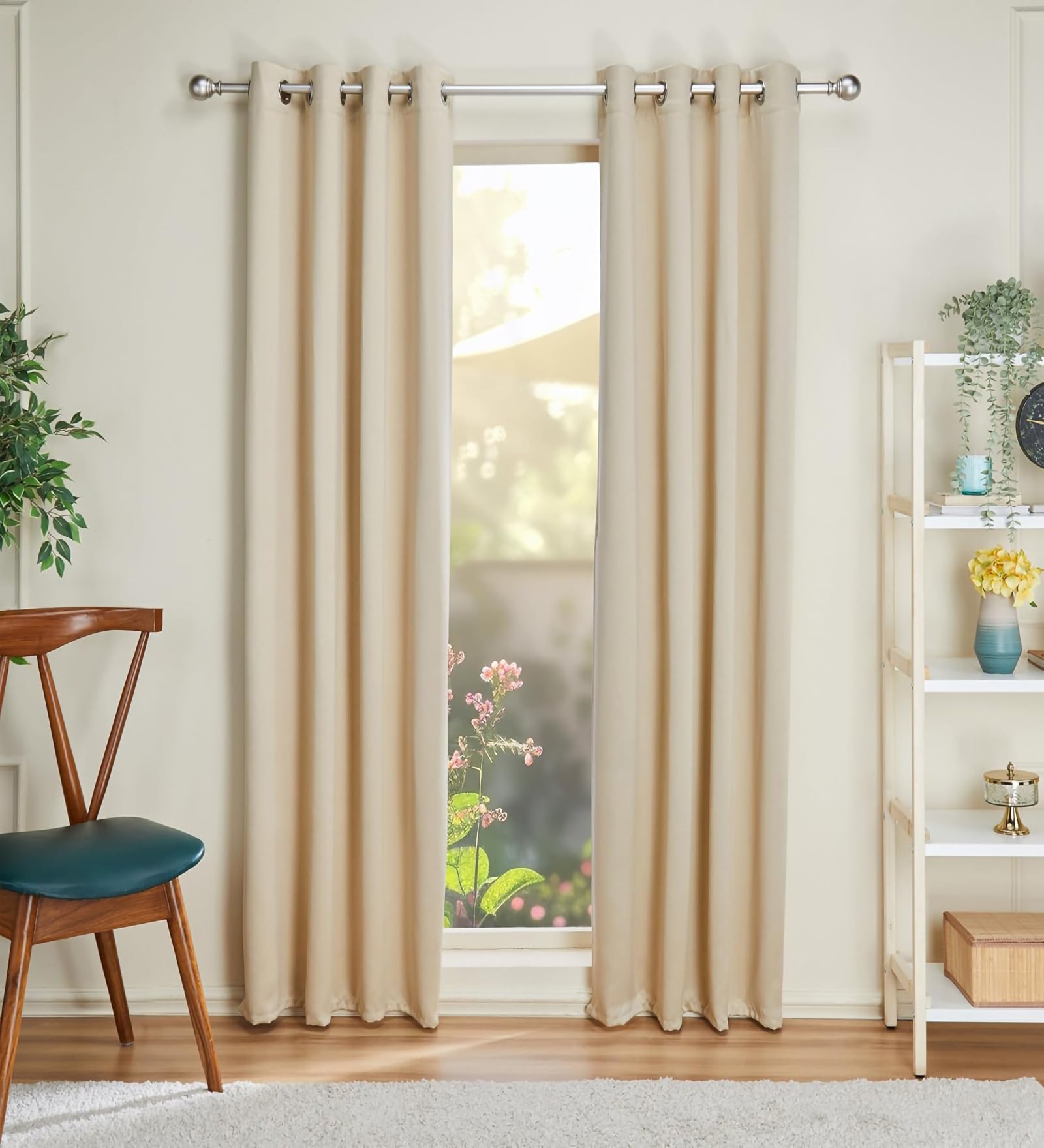 Cream Polyester Solid 7ft Blackout Eyelet Door Curtain (2 Pc)