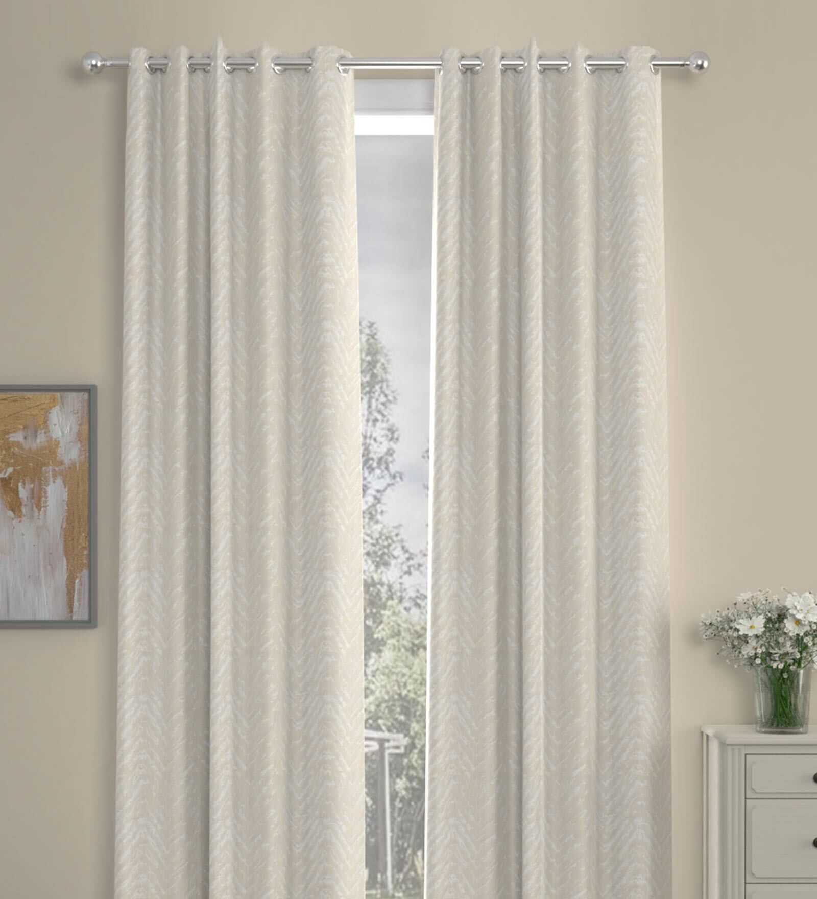 Green Geometric Polyester 9 Ft Semisheer Eyelet Door Curtains (Set of 2)