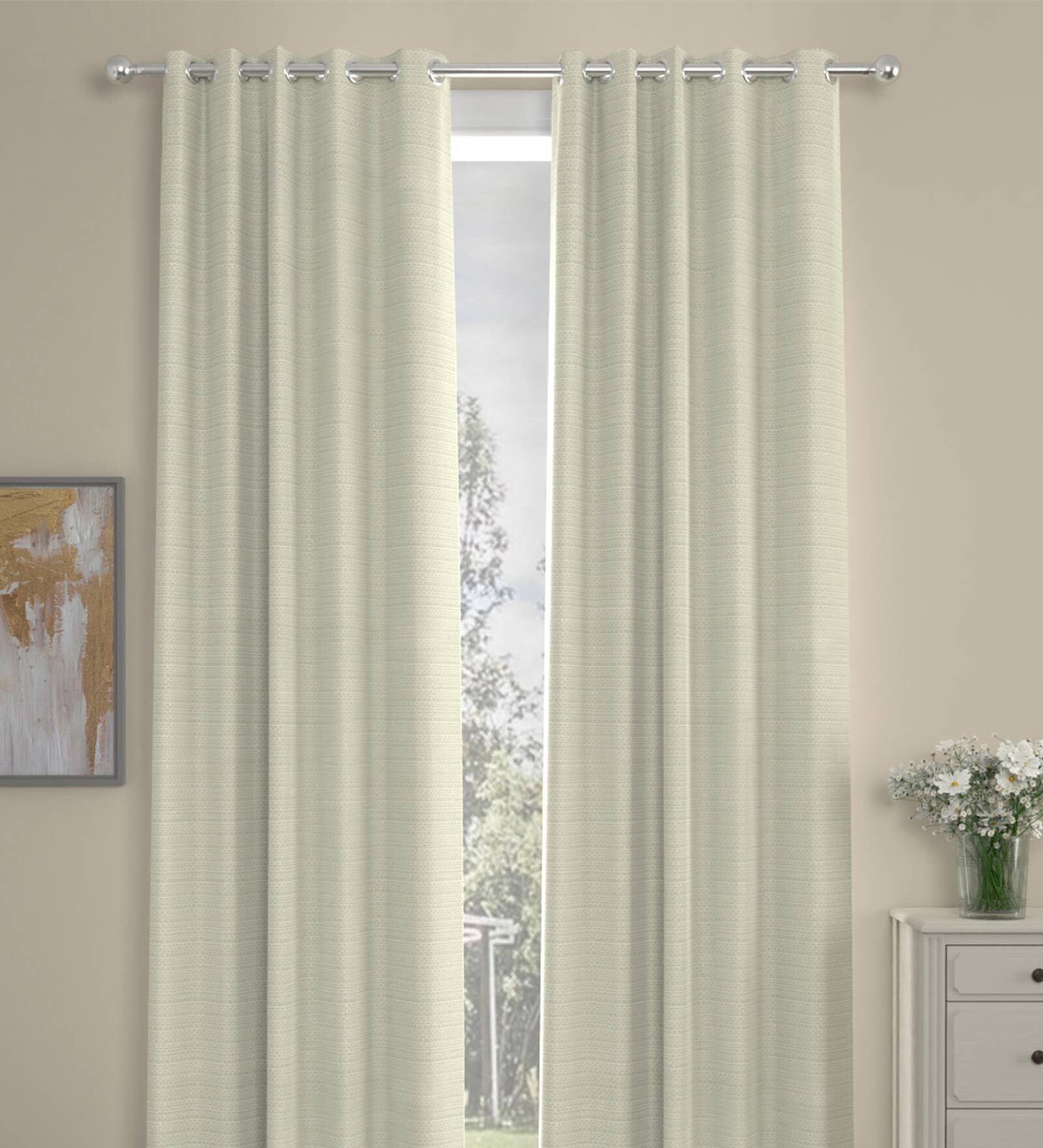 Cream Solid Polyester 9 Ft Semisheer Eyelet Door Curtains (Set of 2)