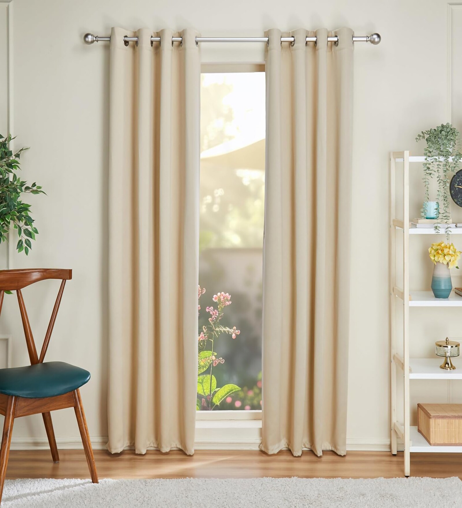 Cream Polyester Solid 9ft Blackout Eyelet Door Curtain (2 Pc)