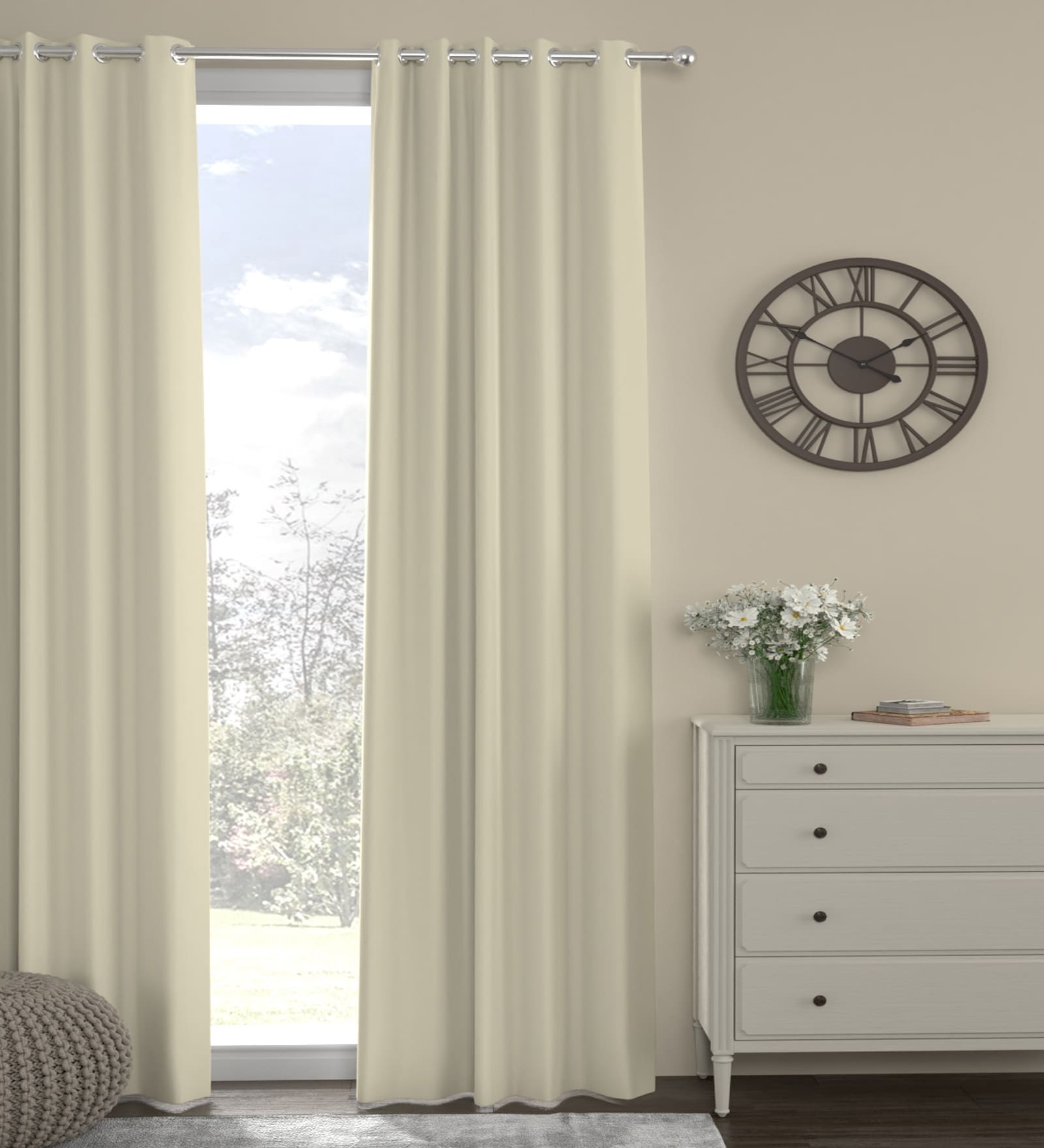 Cream Polyester Solid 9ft Blackout Eyelet Long Door Curtain