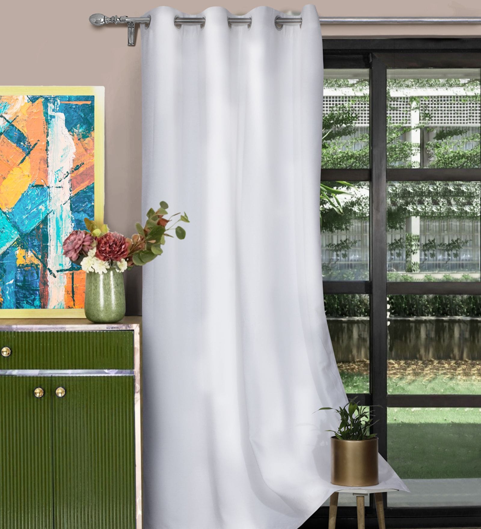 Cream Polyester Solid 9ft Room Darkening Eyelet Long Door Curtain