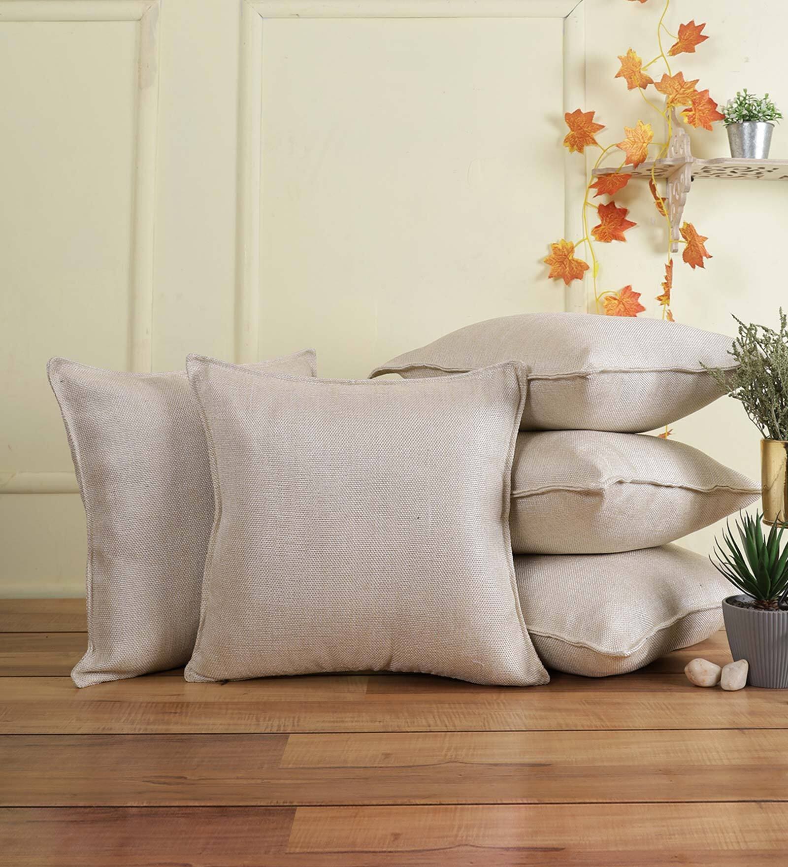 Cream Solid Jute 16 x 16 Inches Cushion Covers (Set of 5)
