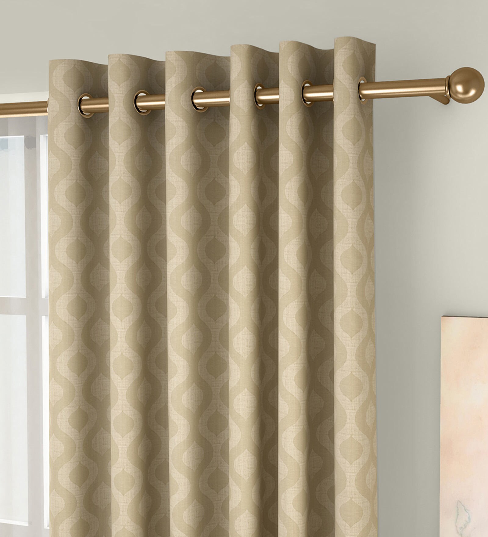 Brown Polycotton Geometric 7ft Light Filtering Eyelet 2 Pcs Door Curtains