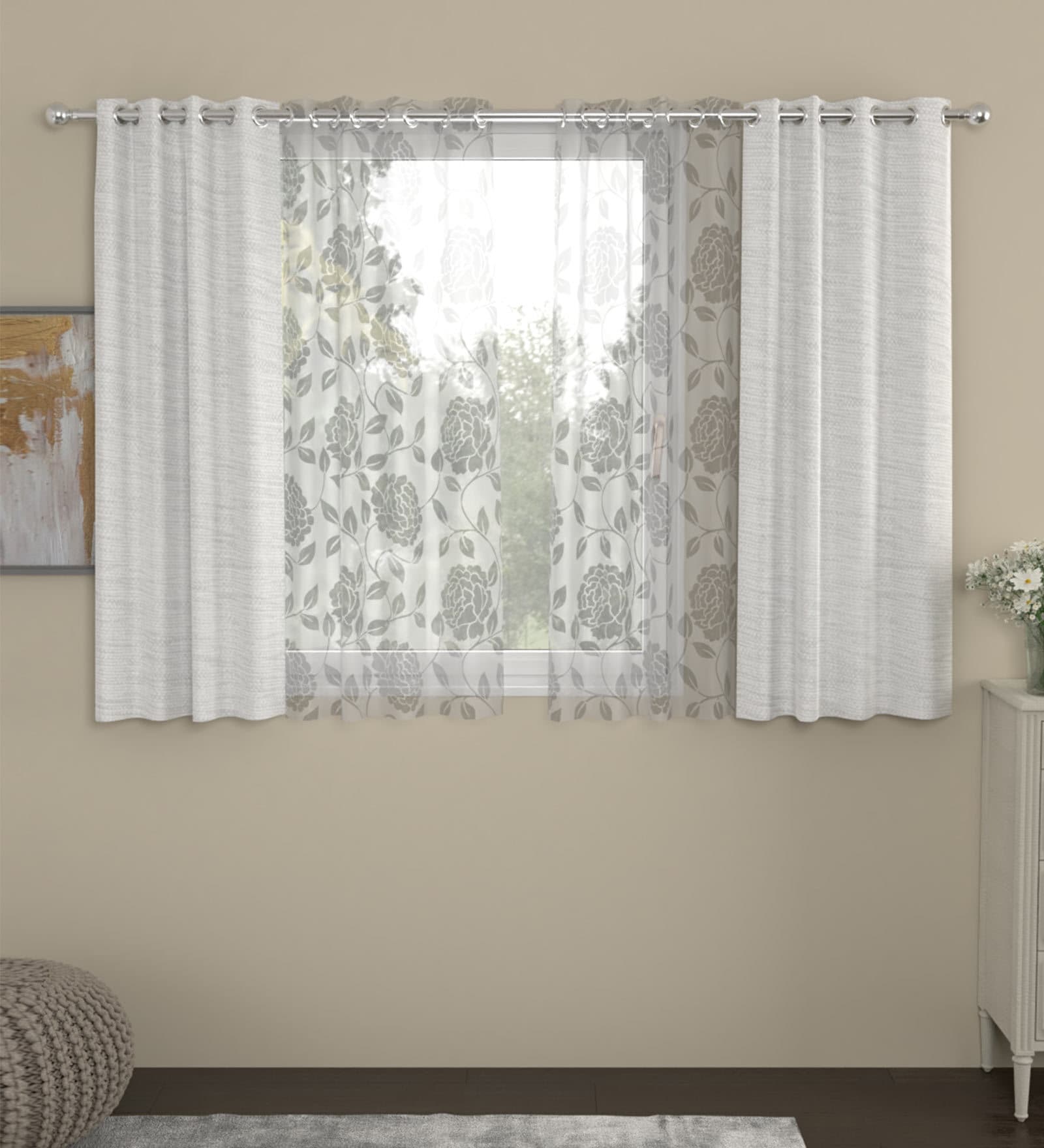 Cream Semisheer Polyester 5 Feet Eyelet Set of 4 Curtains