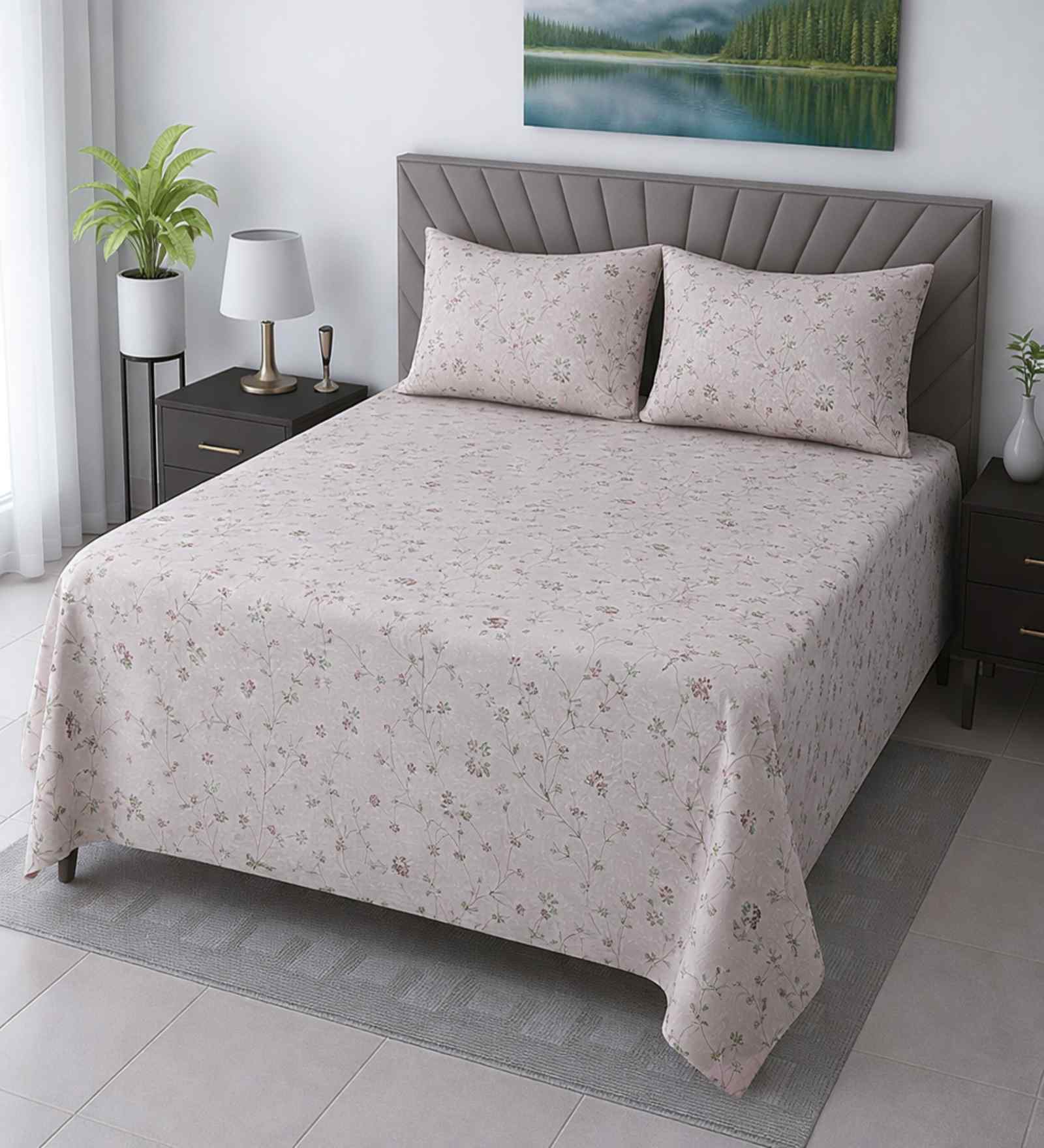 Cream Floral 400 Tc Cotton Queen Size Bedsheet With 2 Pillow Covers