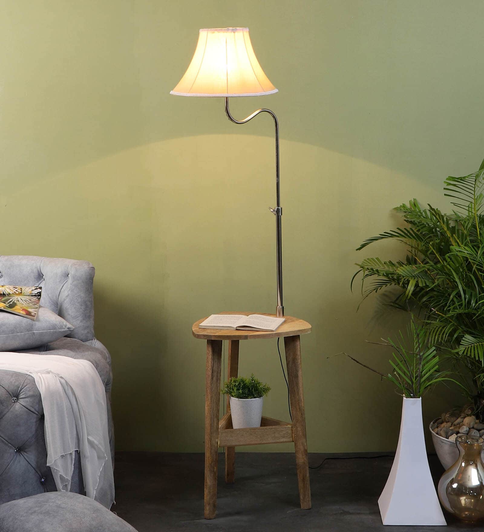 Silver Cream Iron Shade Shelf Floor Lamp With Wood Base