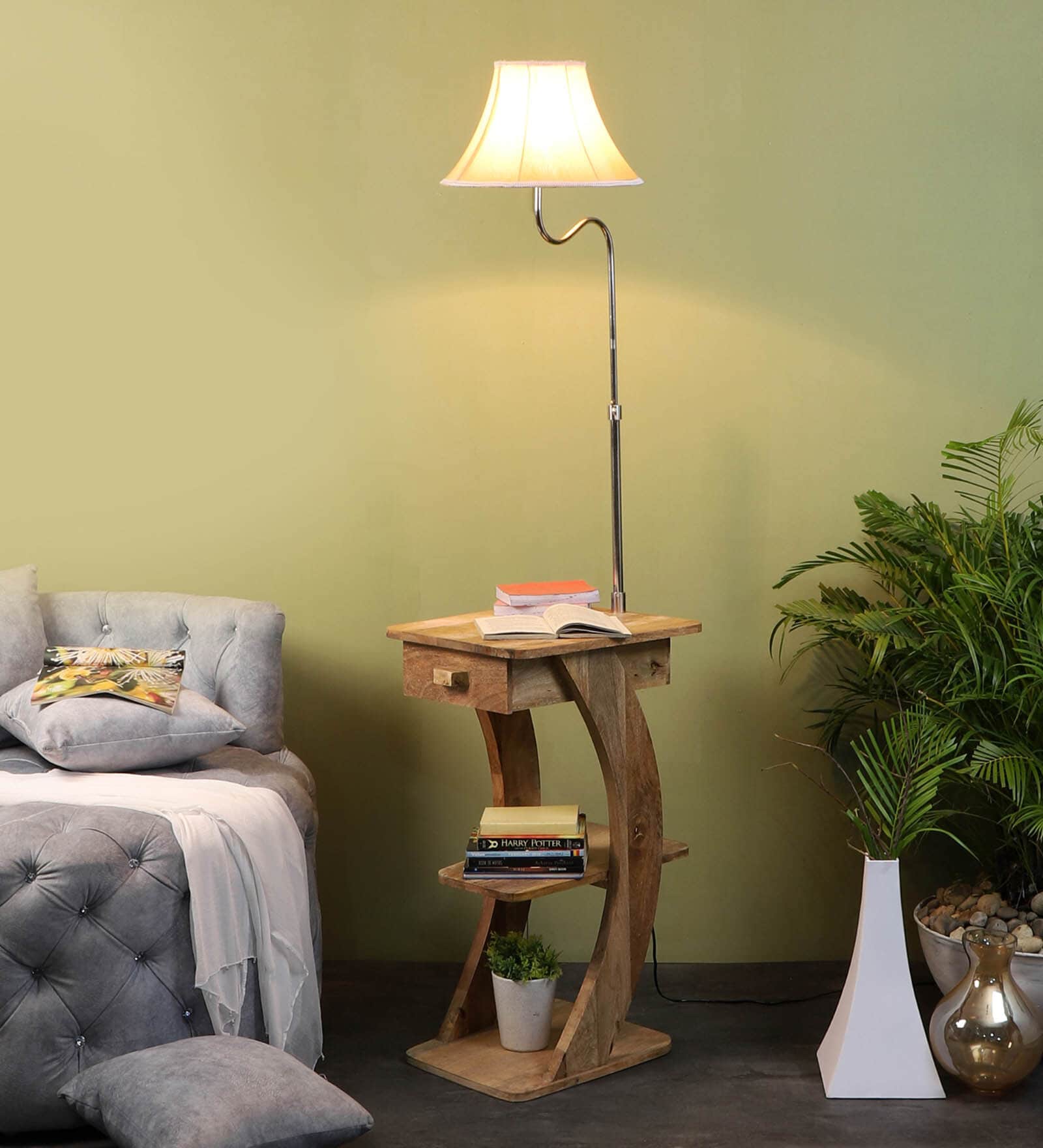 Regis Cream Iron Shade Shelf Floor Lamp With Wood Base