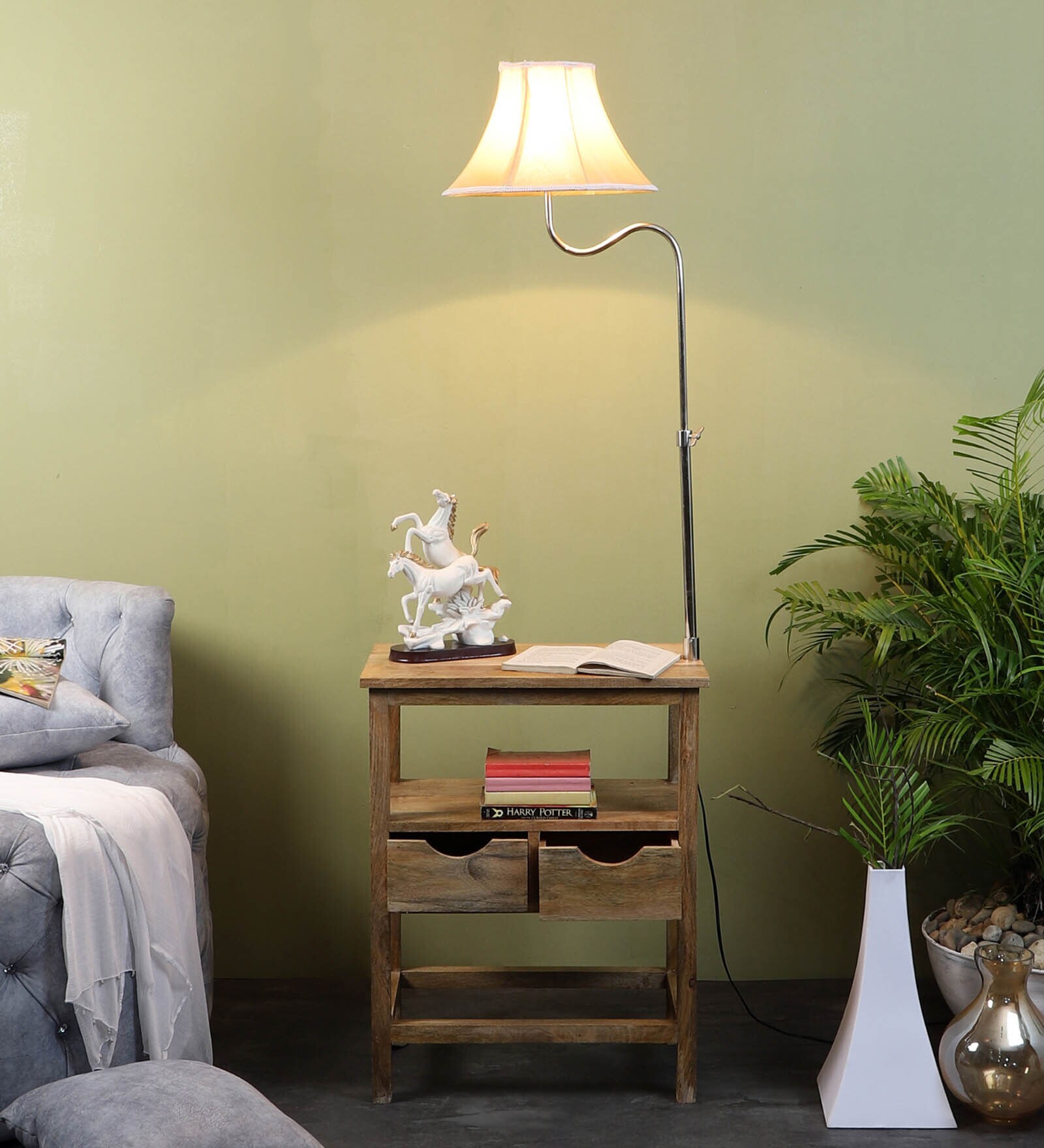 Francis Cream Iron Shade Shelf Floor Lamp With Wood Base