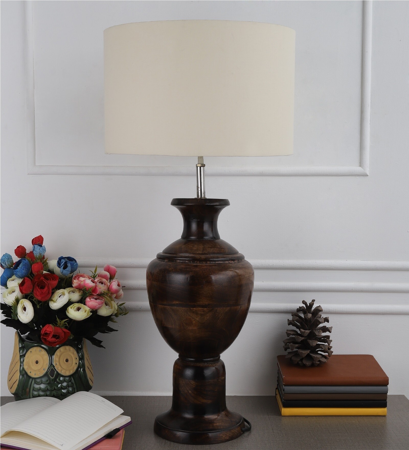 Lavery Cream Fabric Shade Night Lamp With Wood Base