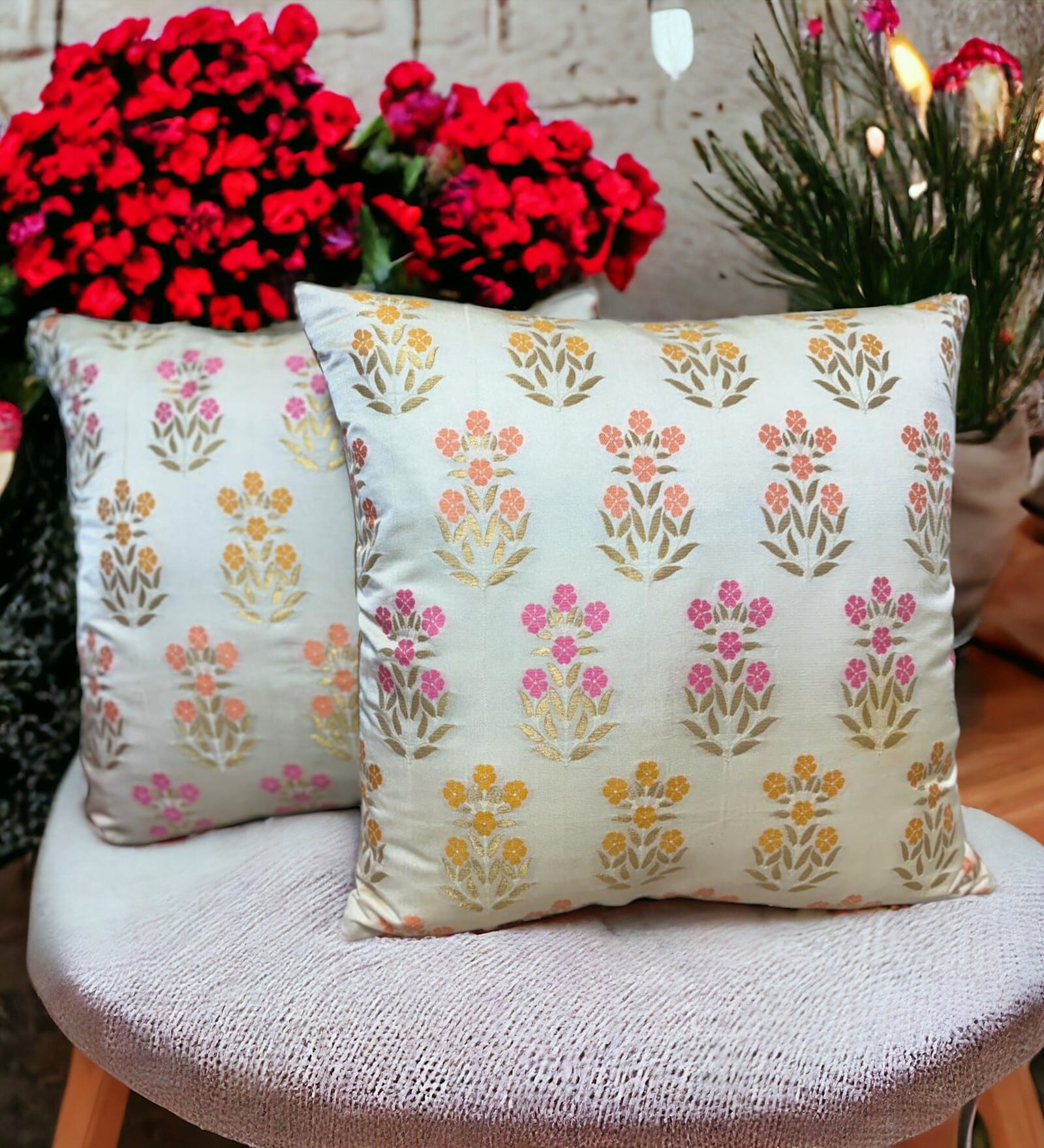 Cream Silk blend Brocade Meenakari Floral 16x16 inches Cushion Covers (Set of 2)