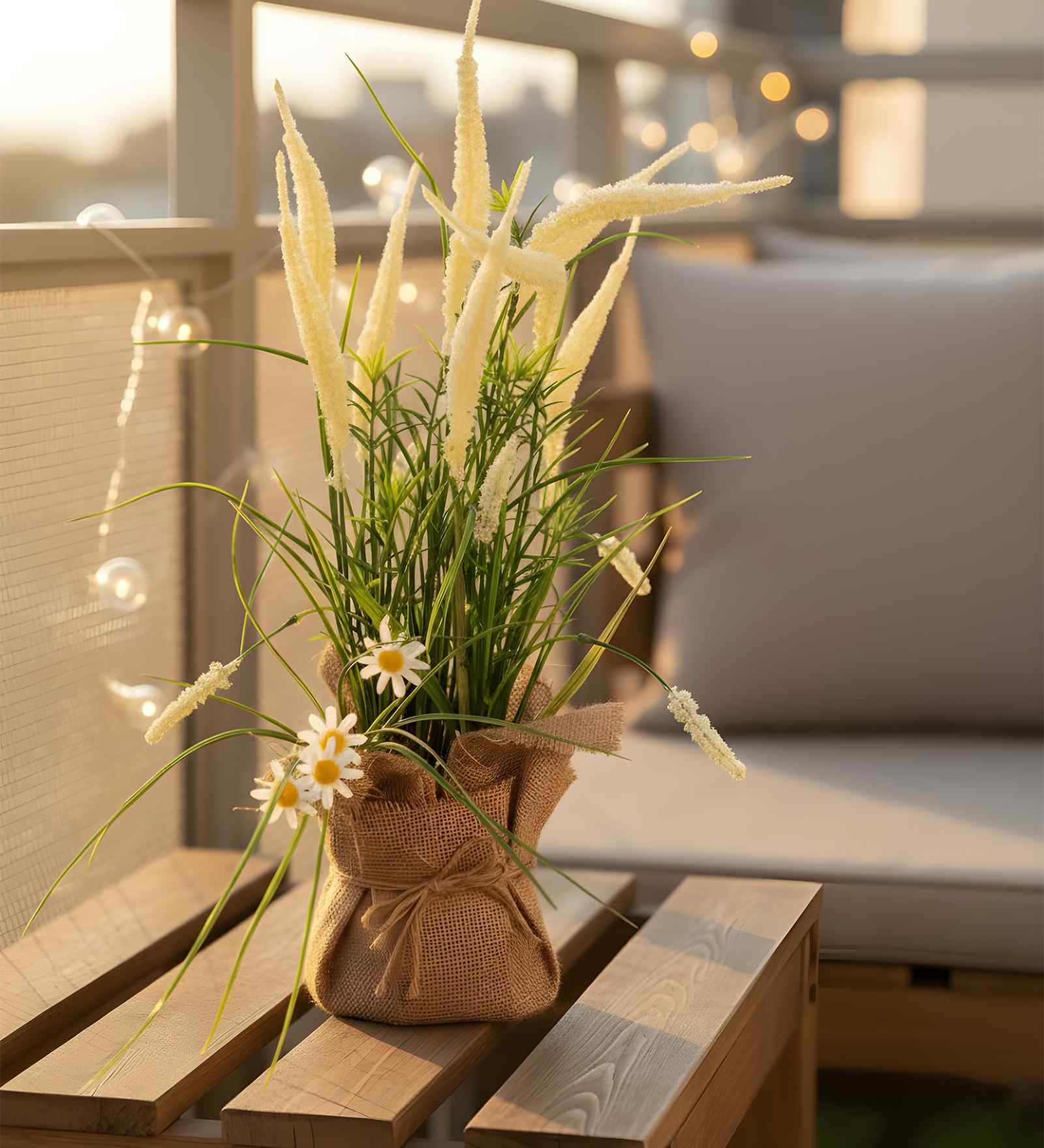 Cream Silk Plastic And Jute Artificial Foxtail Grass Arrangement Flower Bunch With Jute Wrap