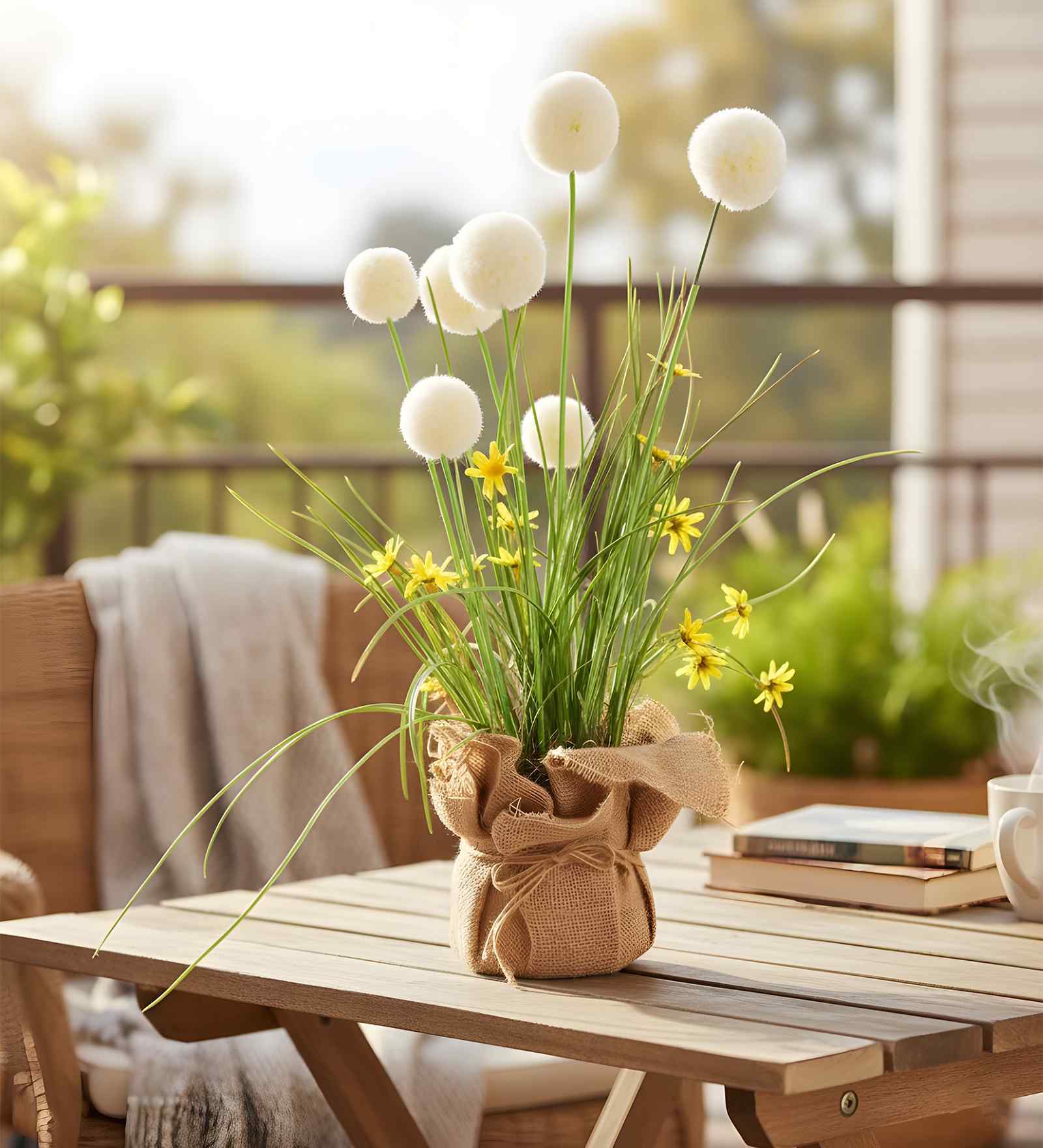 Cream Silk Plastic And Jute Chic Artificial Dandelion Arrangement Flower Bunch With Jute Wrap