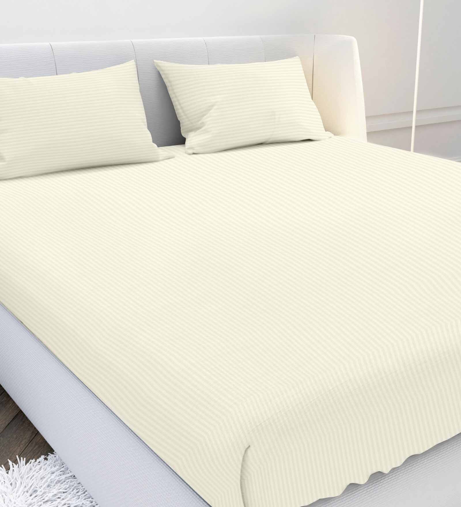 Cream Solid 210 TC Cotton Queen Sized Double Bedsheet with 2 Pillow Covers Satin Stripe 2024 Collection